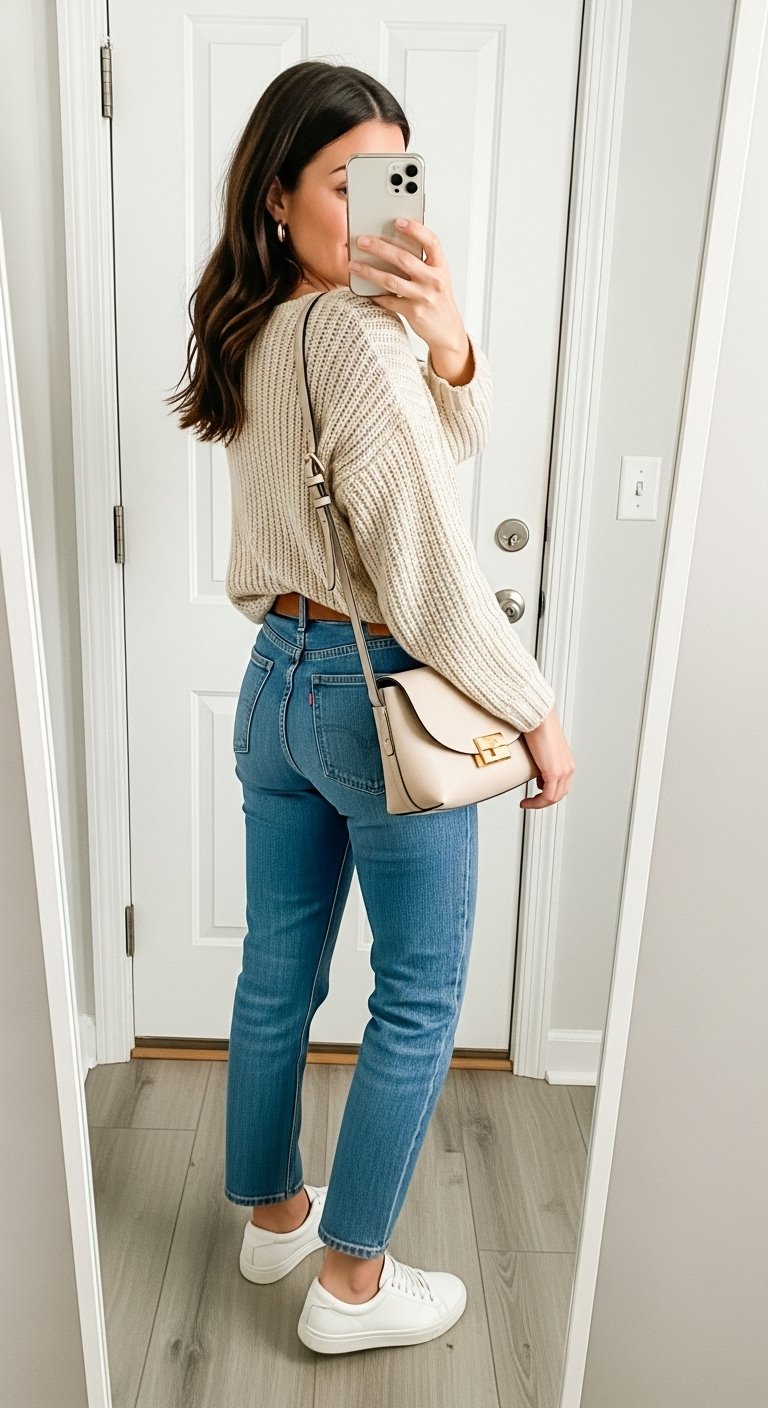 iPhone back-view selfie in a full-length mirror of a woman wearing an off-duty cream chunky knit sweater half-tucked into mid-wash straight-leg denim, tan leather belt, white low-top sneakers, minimalist gold hoops, soft beige crossbody bag; face not visible, entryway mirror with daylight from door, casual iPhone photo.
