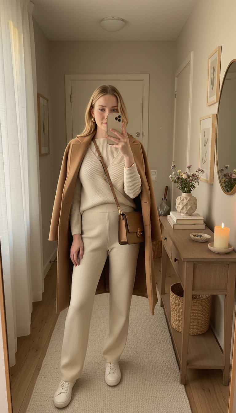 woman taking a mirror selfie in a cream knit sweater and matching pants with a camel coat, standing in a softly lit apartment hallway with warm light and cozy neutral decor.
