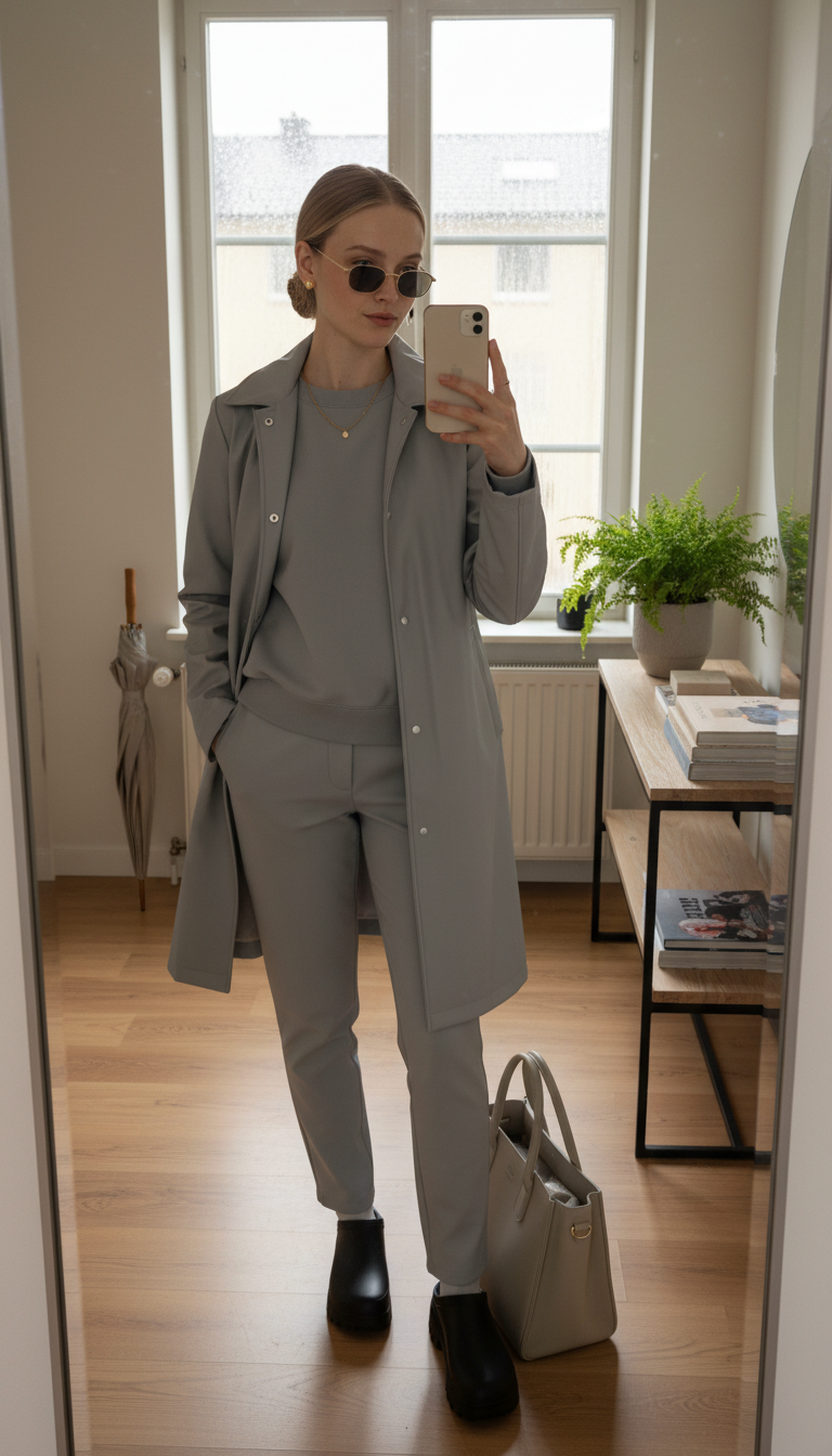 mirror selfie of a woman in a monochrome gray rain outfit — sleek raincoat, matching joggers, platform clogs, and tote — standing in a softly lit apartment entryway after rain