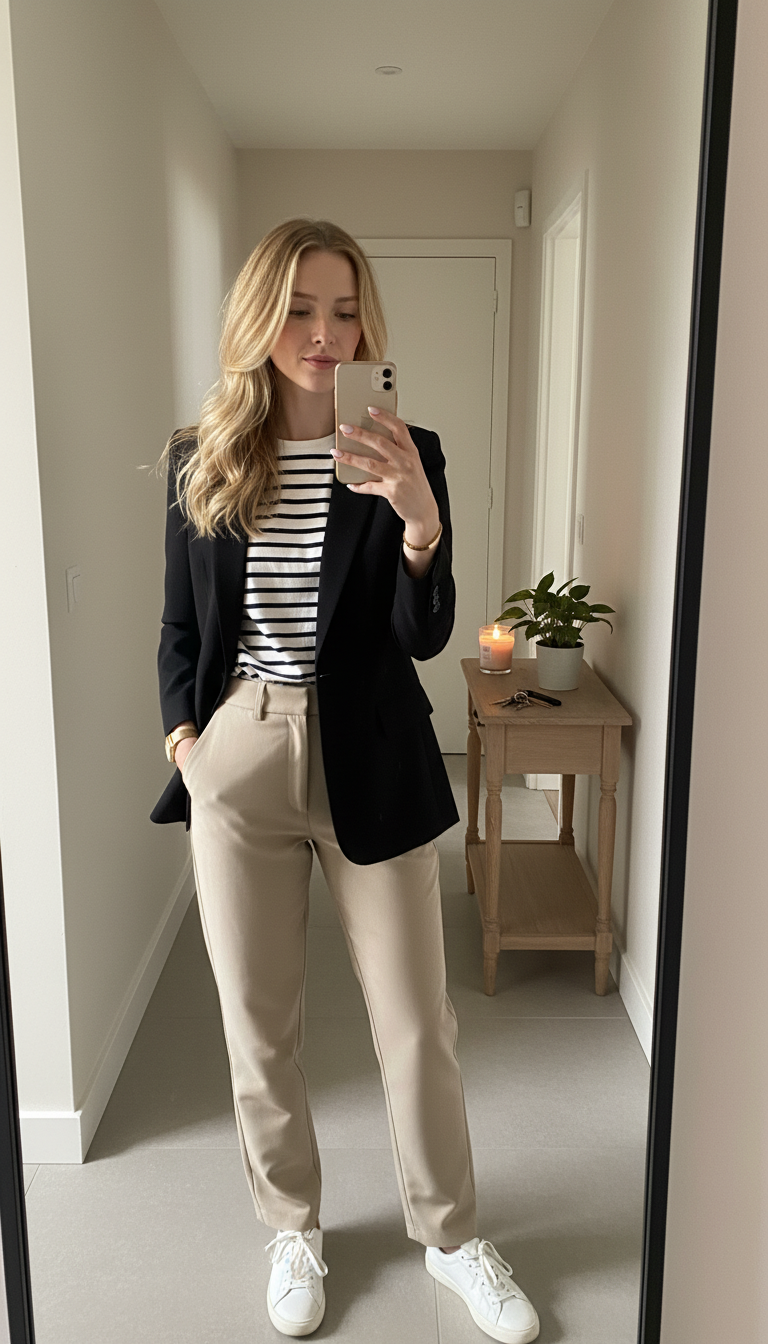 iPhone back-view mirror selfie of a woman with modern French tips (soft lines), wearing a tailored black blazer, striped tee, straight-leg trousers, white sneakers, slim watch, face not visible, hallway mirror, indoor daylight, casual iPhone photo.