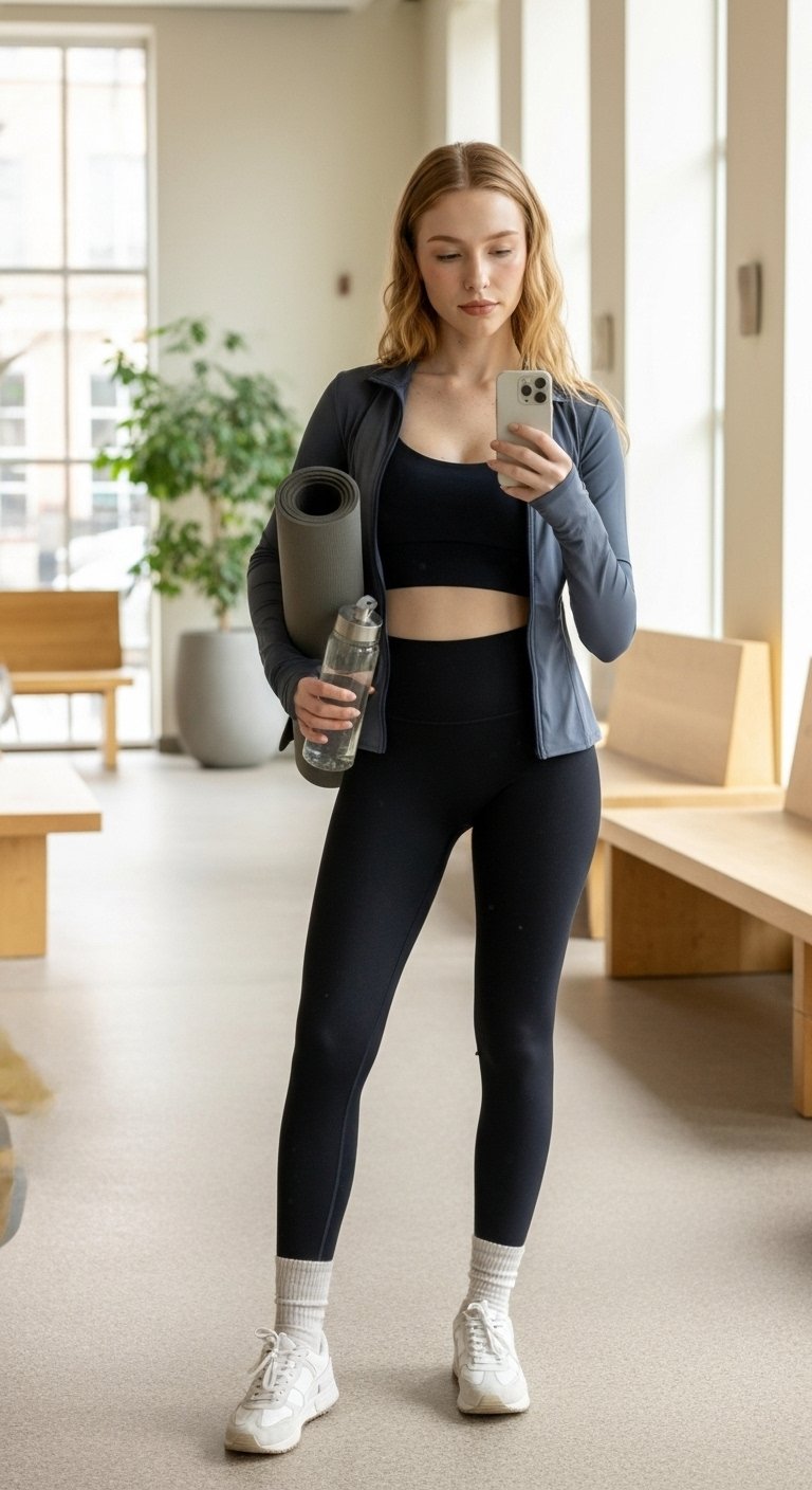 iPhone side-angle gym lobby selfie of a woman wearing a zip-up performance jacket layered over a longline sports bra, high-waist leggings, ankle socks, and sporty trainers, hair in a claw clip, carrying a water bottle and yoga mat, face not visible, natural daylight, casual iPhone photo.