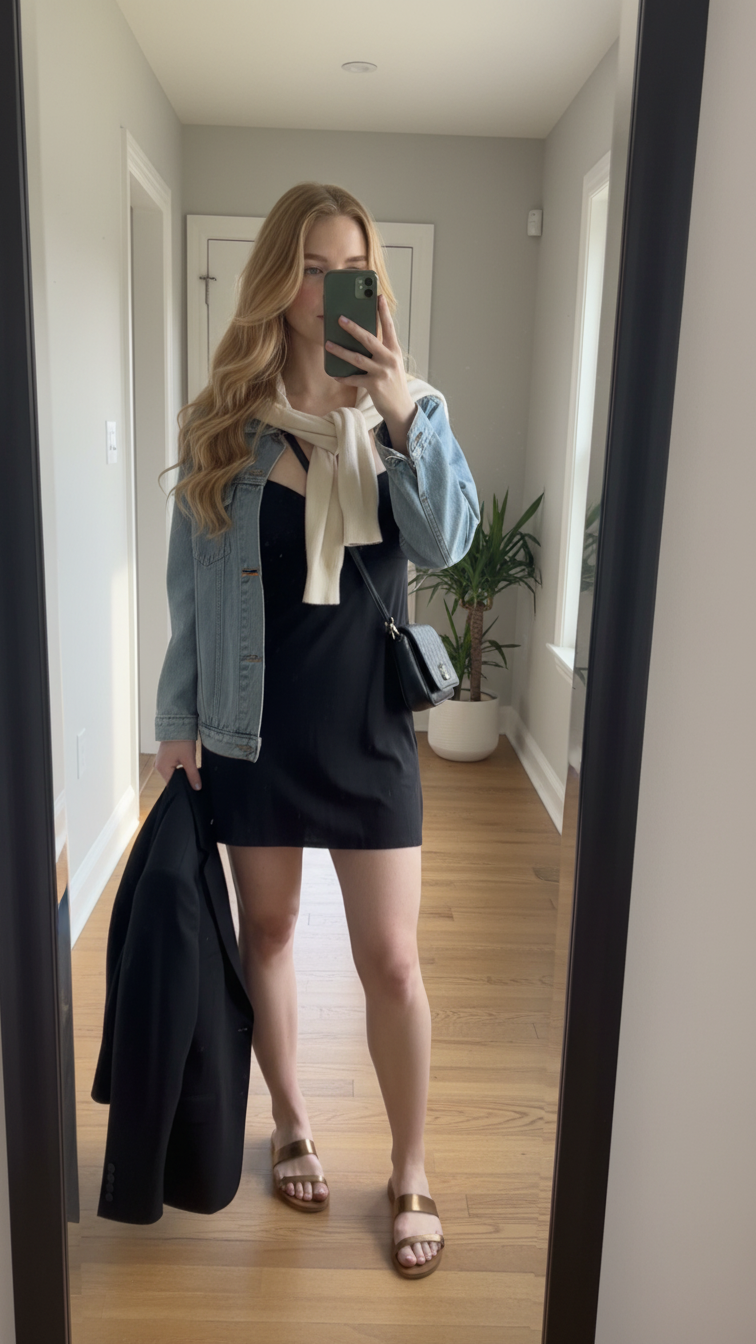 iPhone back-view selfie of a woman wearing a black minimal slip dress layered with three ways: light cardigan tied over shoulders, oversized denim jacket on, and sleek blazer draped over arm, with strappy sandals and a small crossbody; hallway mirror, face not visible, soft afternoon light, natural iPhone photo.