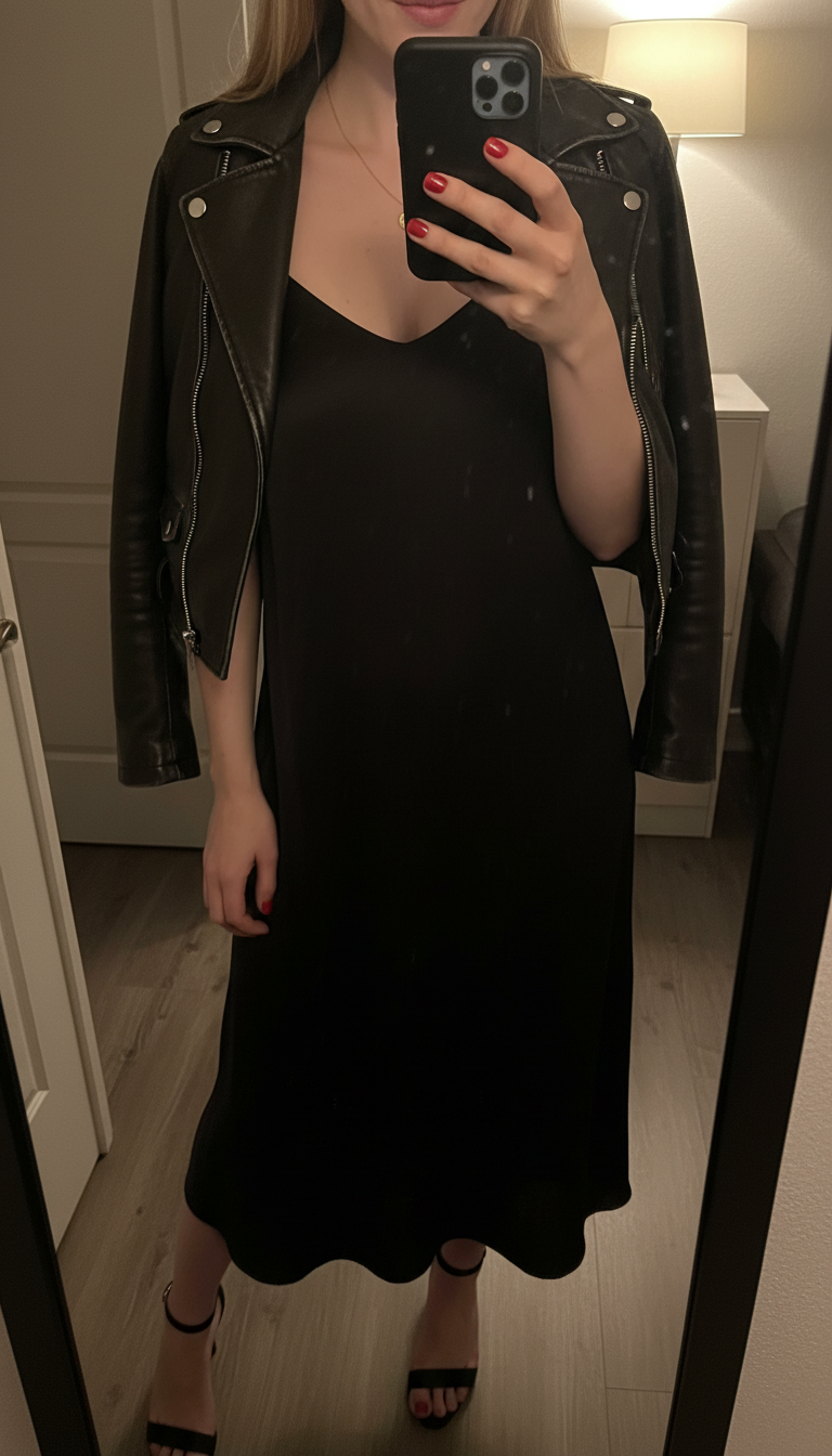 iPhone mirror selfie of a woman in a black slip dress, leather moto jacket draped over shoulders, red lipstick not shown but classic red nails pop on the phone, gold pendant necklace, black heeled sandals, face not visible, entryway mirror, nighttime warm lamp light, casual iPhone shot
