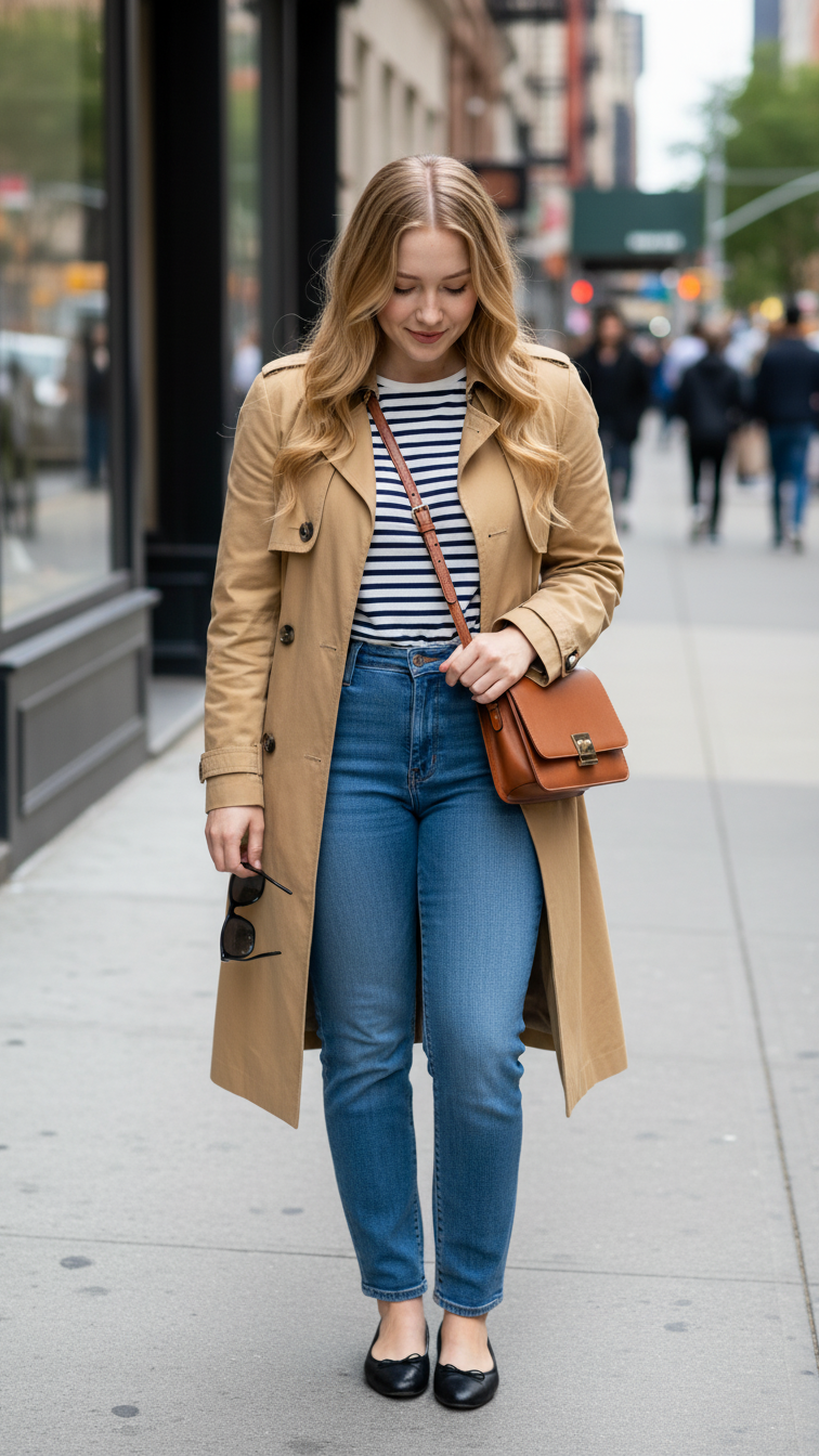iPhone street-side back-view selfie of a woman wearing a classic trench coat over a navy-and-white Breton striped tee, straight jeans, ballet flats, leather crossbody, sunglasses in hand; city sidewalk, face not visible, natural daylight, casual iPhone photo.