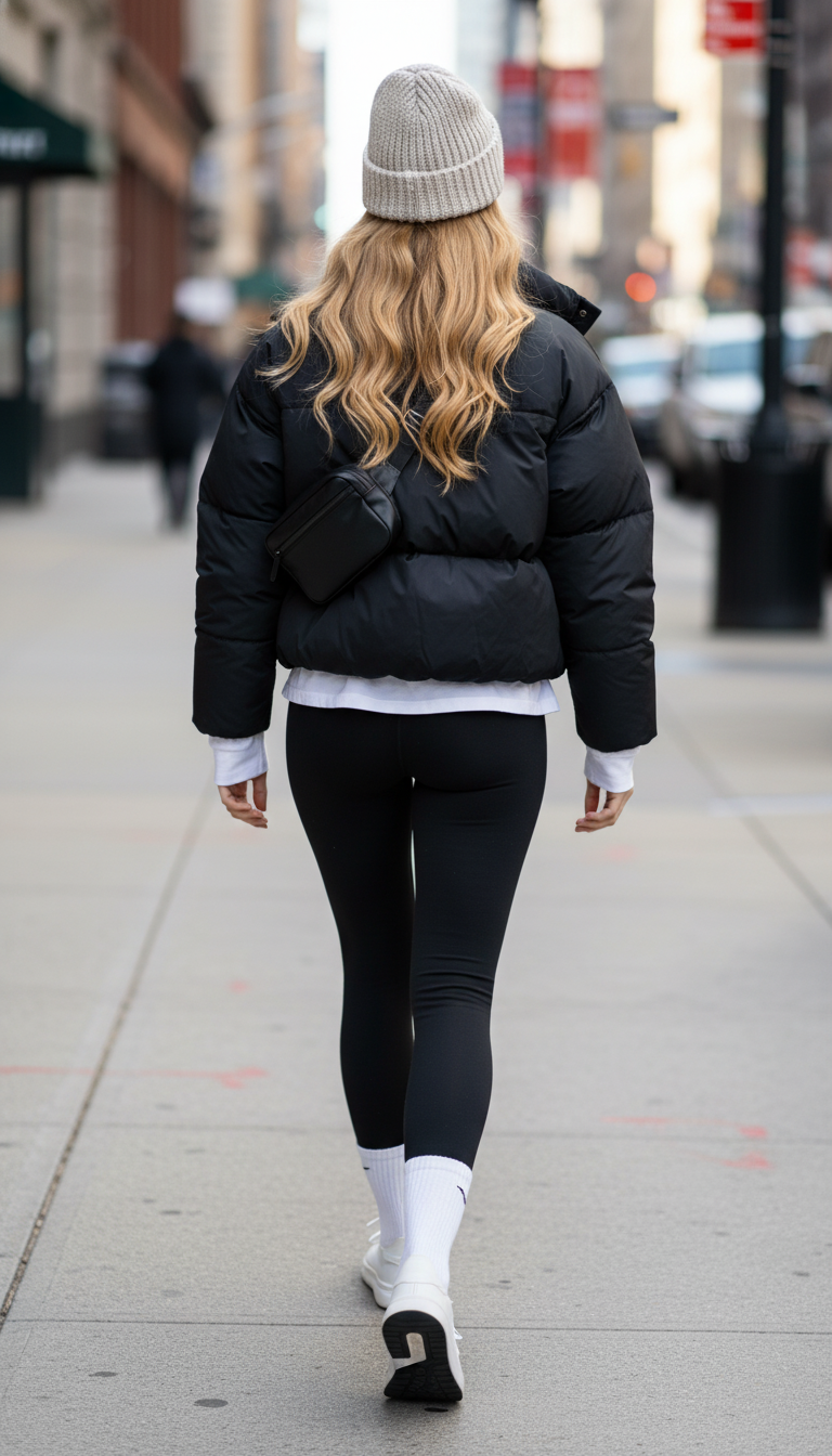 iPhone back-view selfie of a woman in a matte black puffer jacket, high-waist black leggings, chunky knit beanie, crew socks with sleek trainers, layered long-sleeve tee peeking out, crossbody belt bag, face not visible, city sidewalk, natural daylight, casual iPhone photo.