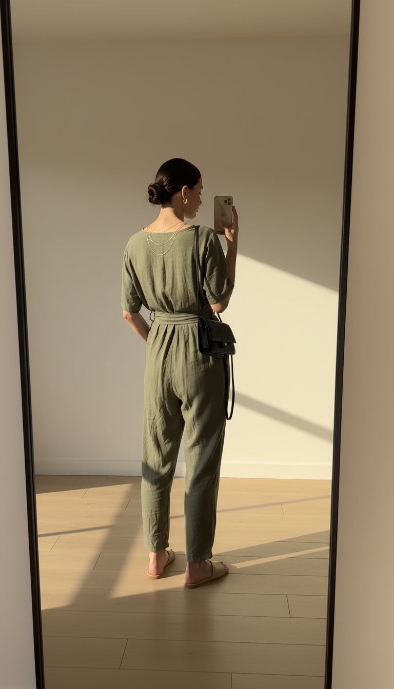 iPhone back-view selfie of a woman in a relaxed, breathable jumpsuit cinched at the waist, slip-on sandals, thin layered necklaces, small crossbody, face not visible, hallway mirror, afternoon indoor light, casual iPhone photo.