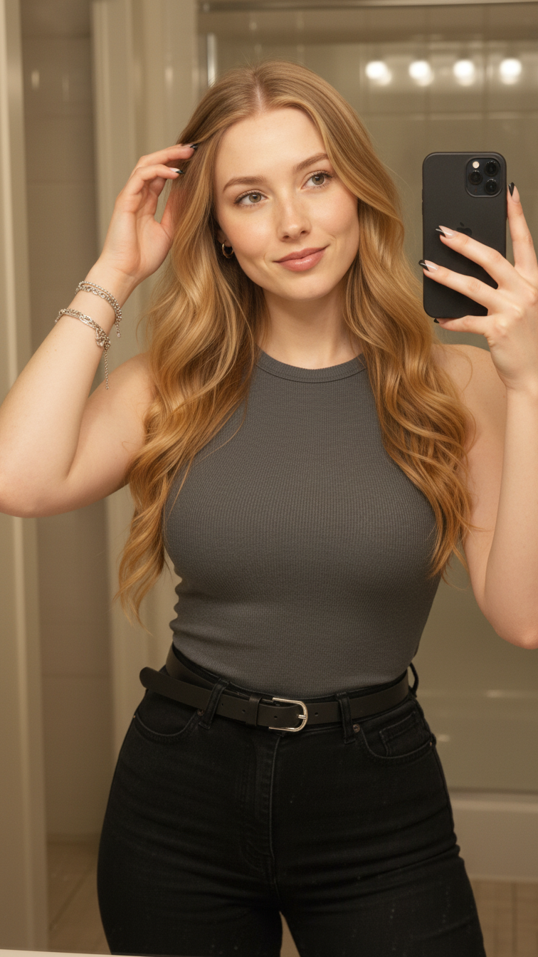 iPhone bathroom mirror selfie of a woman with hand near hair to display negative space side-swipe nails, wearing a charcoal tank, high-waist black jeans, slim belt, and layered chain bracelets; cropped at neck, warm indoor lighting, face not visible, natural iPhone quality.
