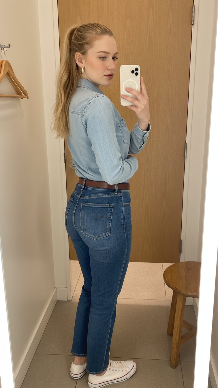 iPhone back-view selfie of a woman wearing a denim button-up shirt tucked into darker-wash straight denim jeans, belt, white sneakers, simple hoop earrings, face not visible, taken in boutique fitting-room mirror, indoor lighting, natural iPhone aesthetic.