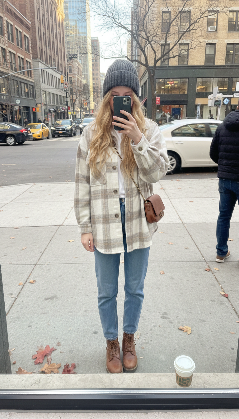 iPhone street mirror-window selfie of a woman in a plaid shacket over a white tee, straight-leg blue denim, lace-up boots, beanie, and crossbody bag, face not visible, cool daylight on a city sidewalk, natural iPhone photo quality.