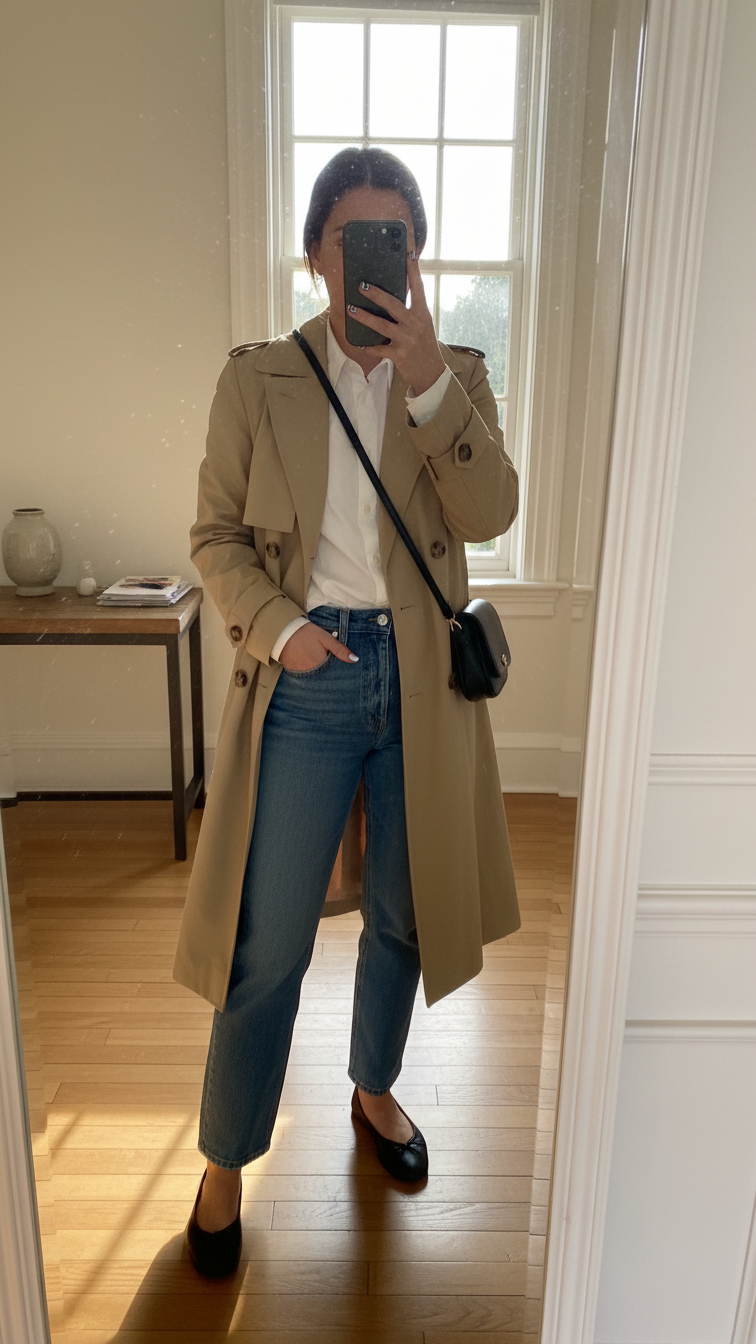 iPhone mirror selfie of a woman flashing minimal checker tips while wearing a beige trench, white button-up, blue jeans, black ballet flats, and a small black crossbody; entryway mirror, late afternoon window light, face not visible, natural iPhone photo quality.