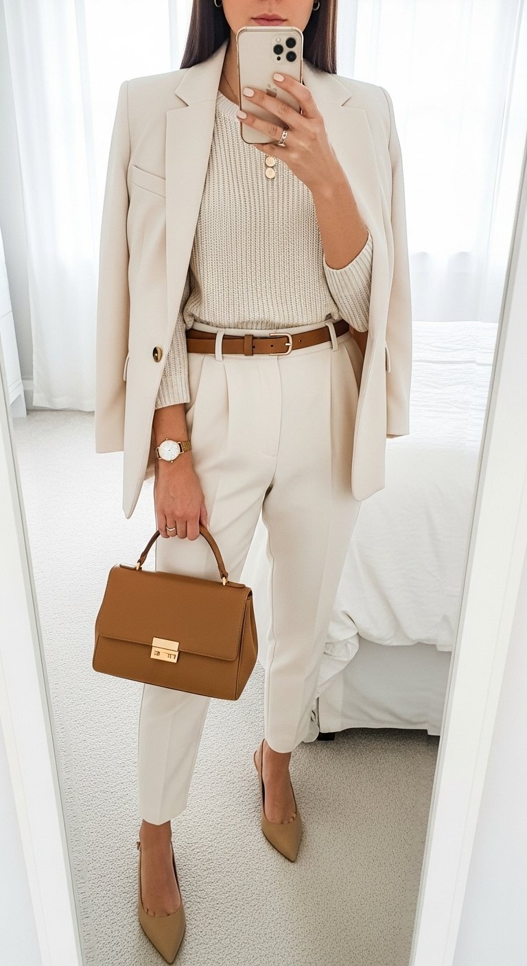 iPhone mirror selfie of a woman wearing a monochrome cream outfit: tailored cream blazer, cream knit top, cream high-waist trousers, tan leather belt, minimalist gold studs and a slim gold watch, beige slingback heels, carrying a structured camel top-handle bag; face not visible, cropped at neck, bedroom mirror with soft window light, natural iPhone photo quality.