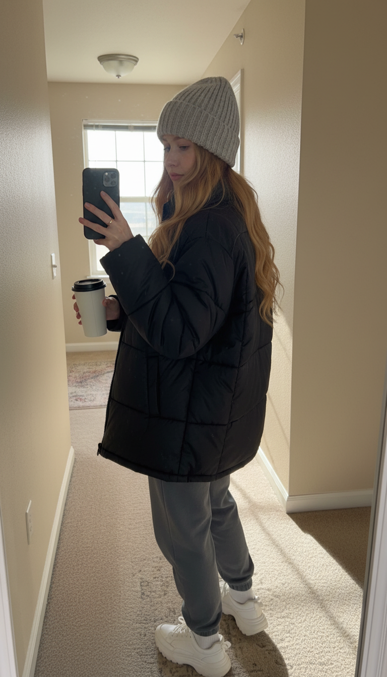 iPhone back-view selfie of a woman wearing a puffer coat with a cashmere beanie and joggers, chunky sneakers, coffee cup in hand, apartment hallway, morning natural light, face not visible, casual iPhone photo.