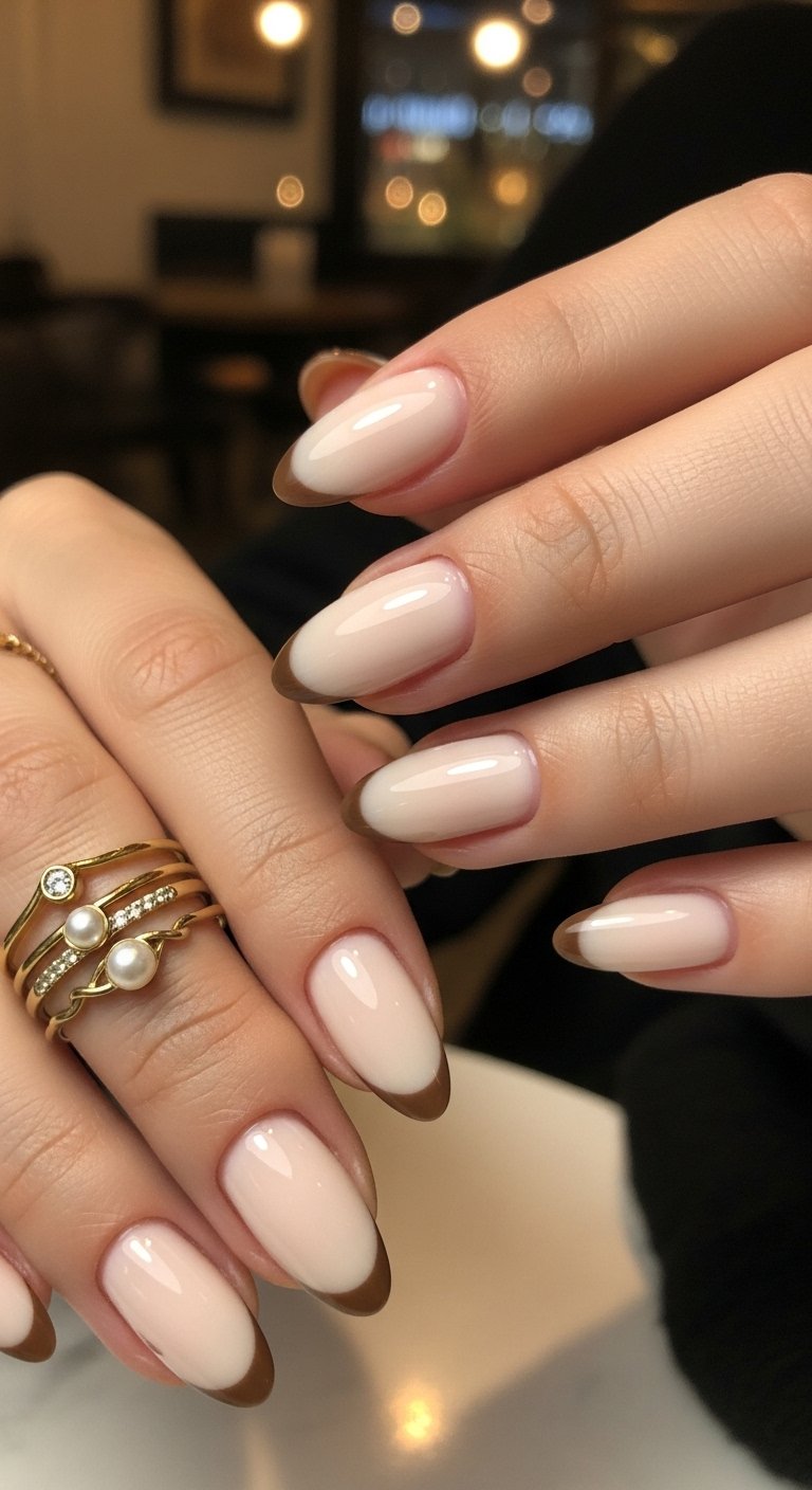 Closeup porcelain cream nails with thin espresso French tip, gold rings