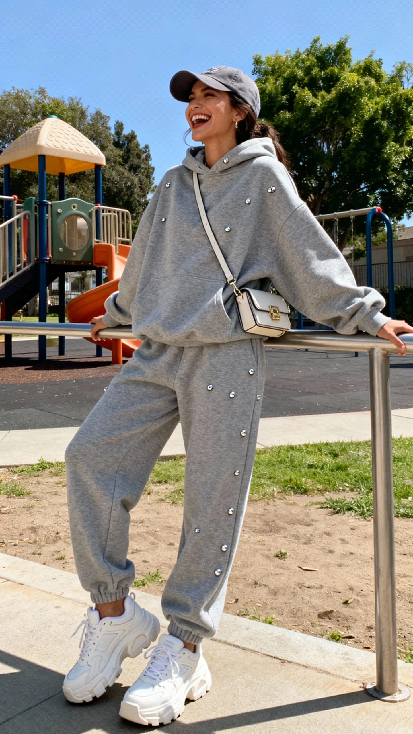 A woman wearing a soft street-style set: oversized heather gray hoodie with matching joggers, chunky white dad sneakers, baseball cap, small crossbody bag, subtle silver studs, leaning on a playground railing mid-laugh, casual iPhone photo style, sunny day, outdoor setting.