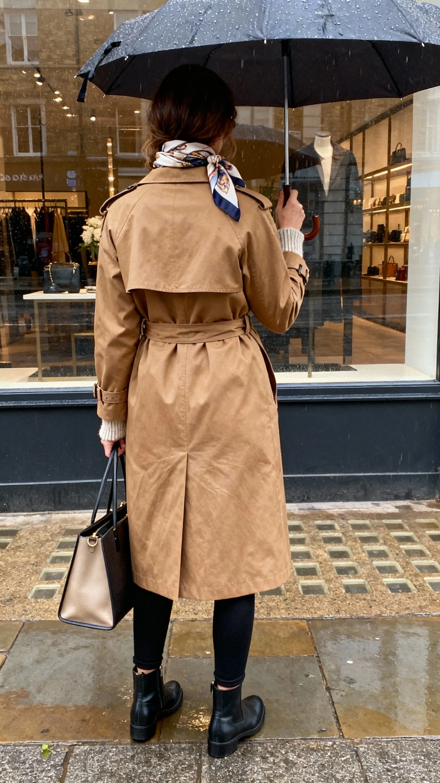 iPhone back-view selfie of a woman in a tan trench coat over a lightweight knit, black slim pants, Chelsea boots, silk scarf at neck, umbrella and structured tote in hand; face not visible, street reflection in shop window on a drizzly day, soft daylight, natural iPhone quality.