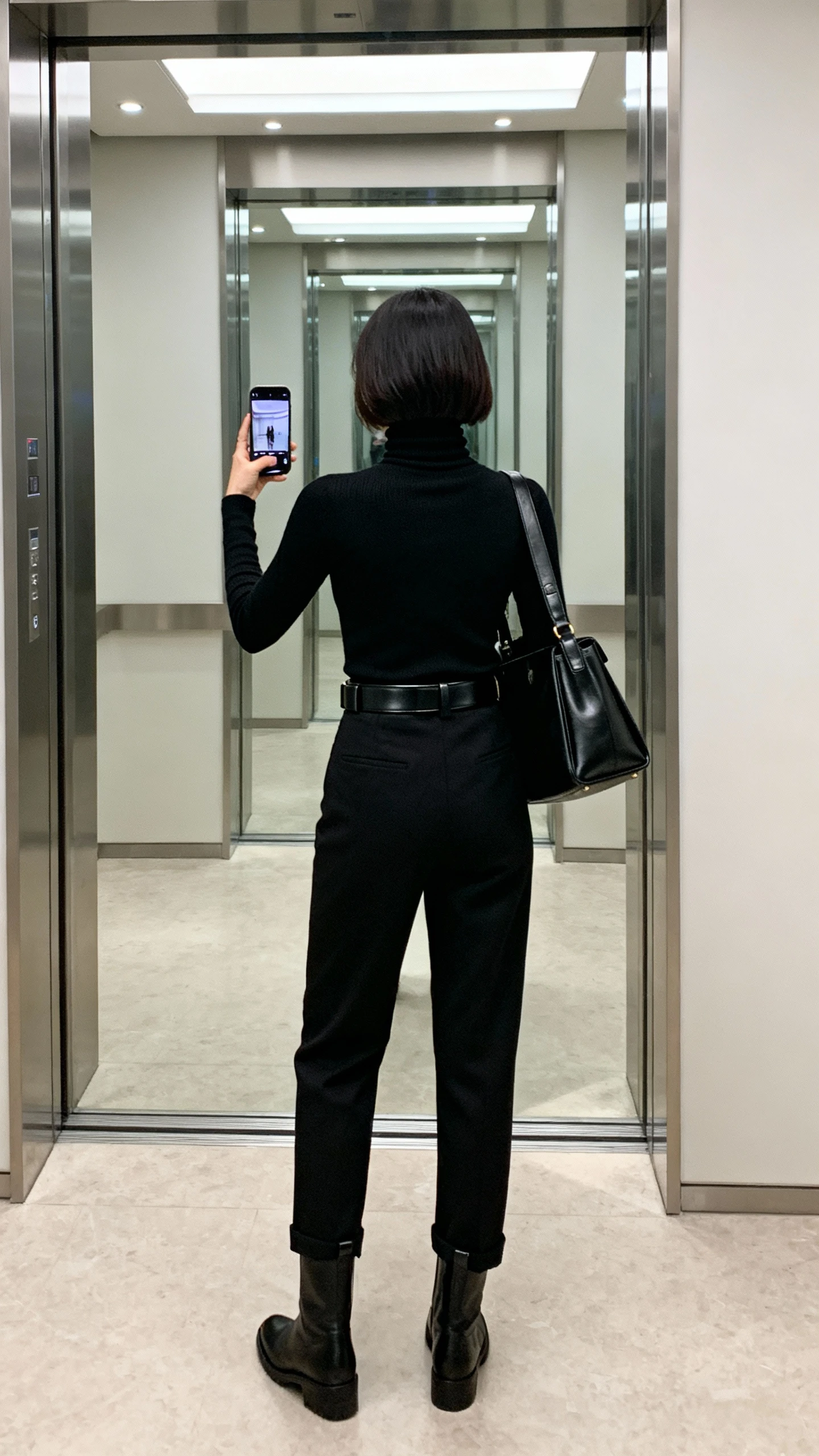 iPhone back-view selfie of a woman in an all-black look: black turtleneck, black high-waisted trousers, black leather belt, black boots, structured black shoulder bag, face not visible, elevator mirror with indoor lighting, natural iPhone aesthetic.