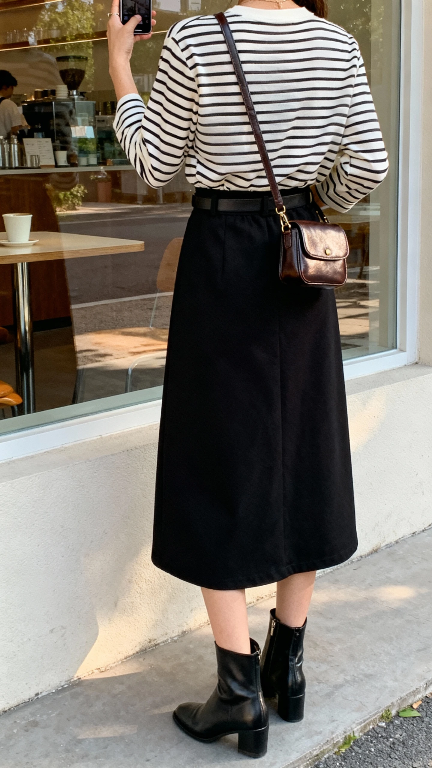 iPhone back-view selfie of a woman wearing a Breton striped top tucked into a black midi skirt, sleek ankle boots, and a small leather shoulder bag, face not visible, café window reflection with soft daylight, natural iPhone photo quality.
