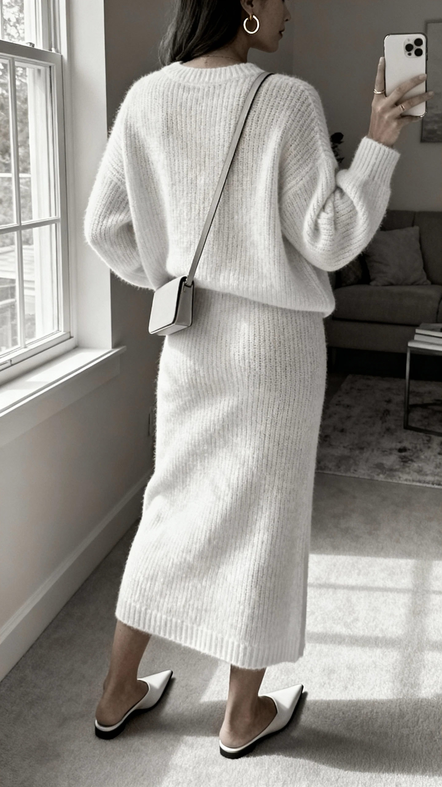 iPhone back-view selfie of a woman wearing a monochrome knit set (matching sweater and knit skirt), pointed flats, subtle gold hoops, and a slim crossbody; face not visible, living room setting with window light, casual iPhone capture.