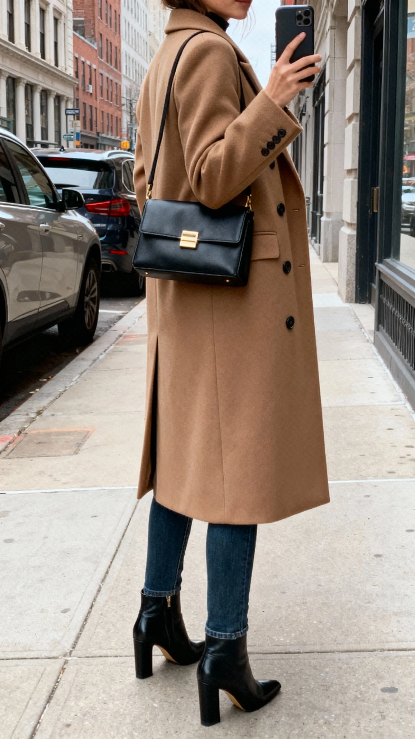 iPhone back-view selfie of a woman wearing a statement coat (longline tailored or double-breasted), slim jeans, heeled ankle boots, structured bag, face not visible, city sidewalk, natural daylight, casual iPhone photo