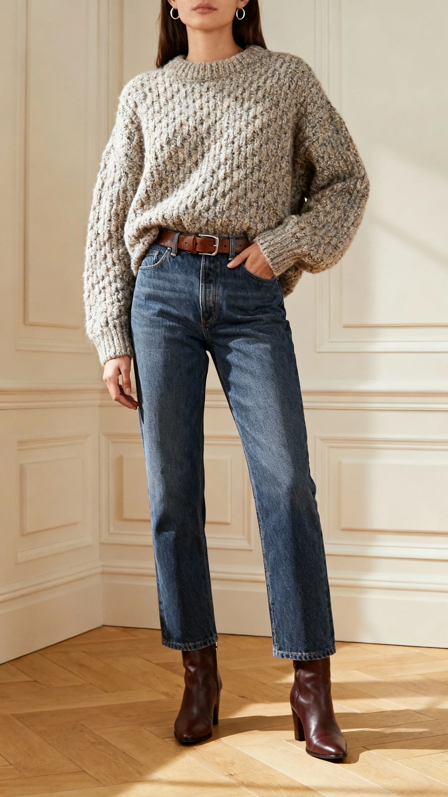 iPhone bathroom mirror selfie of a woman in a chunky textured sweater, straight-leg jeans, ankle boots, leather belt, small hoop earrings, face not visible, cropped at neck, warm indoor lighting, natural iPhone photo quality.