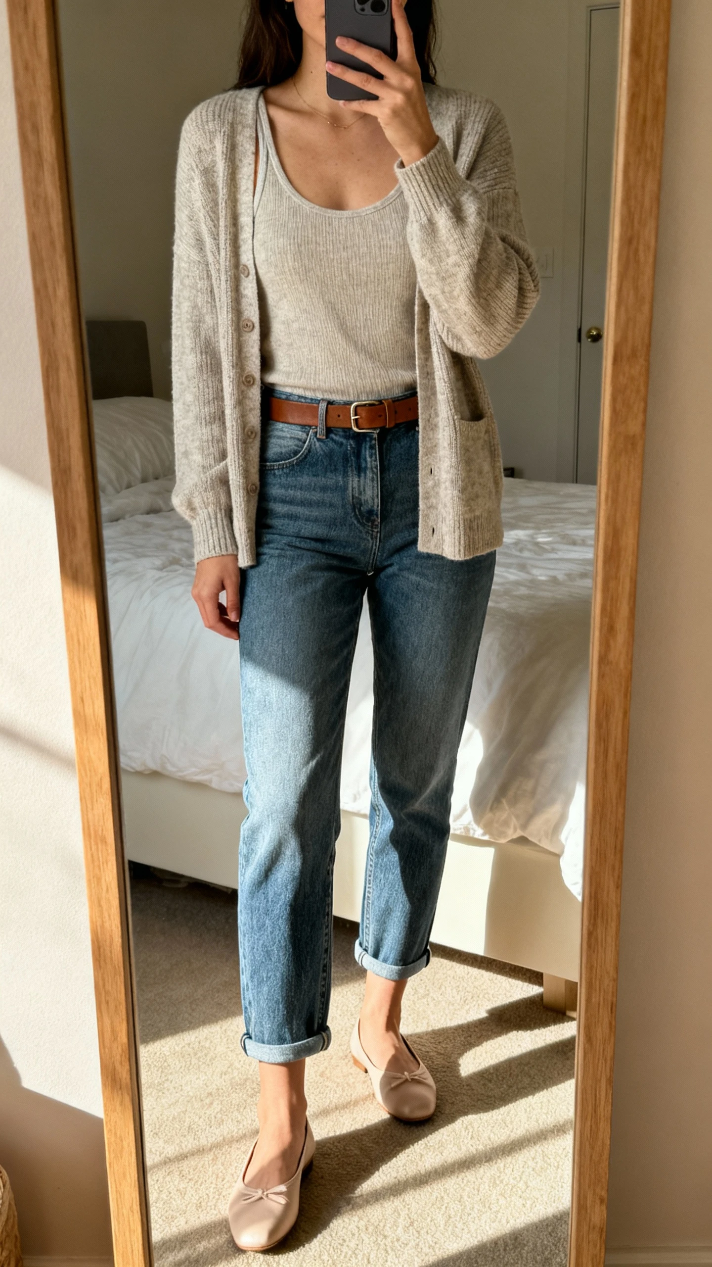 iPhone bedroom mirror selfie of a woman wearing a cardigan set (tank + matching cardigan) with barrel jeans, ballet flats, slim leather belt, face not visible, natural afternoon light, iPhone photo quality.