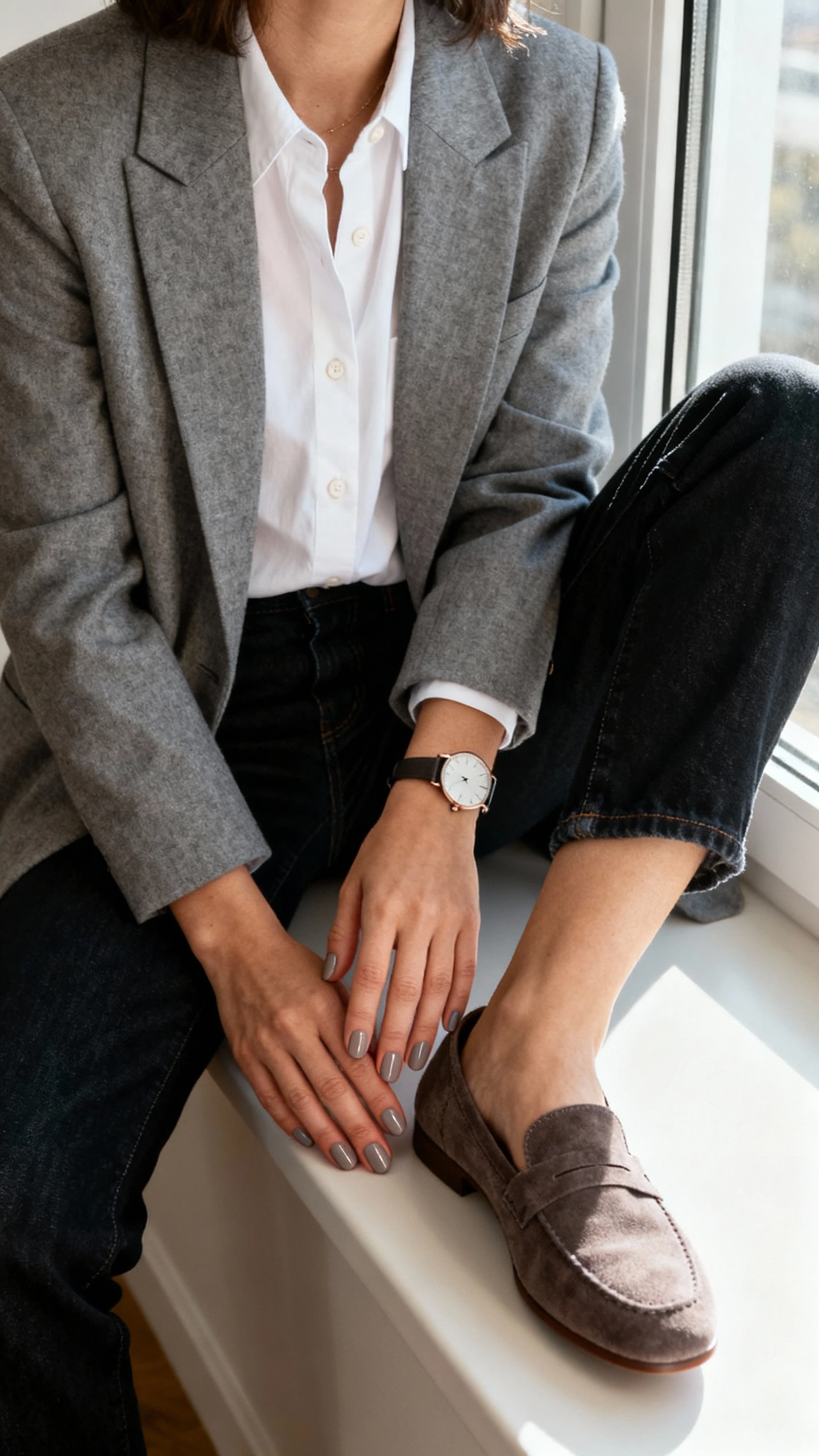 iPhone cafe table selfie cropped at shoulders of a woman with taupe cream polish, wearing a gray blazer, white button-down, dark denim, suede loafers, minimalist watch, face not visible, seated by window, morning light, natural iPhone photo quality.