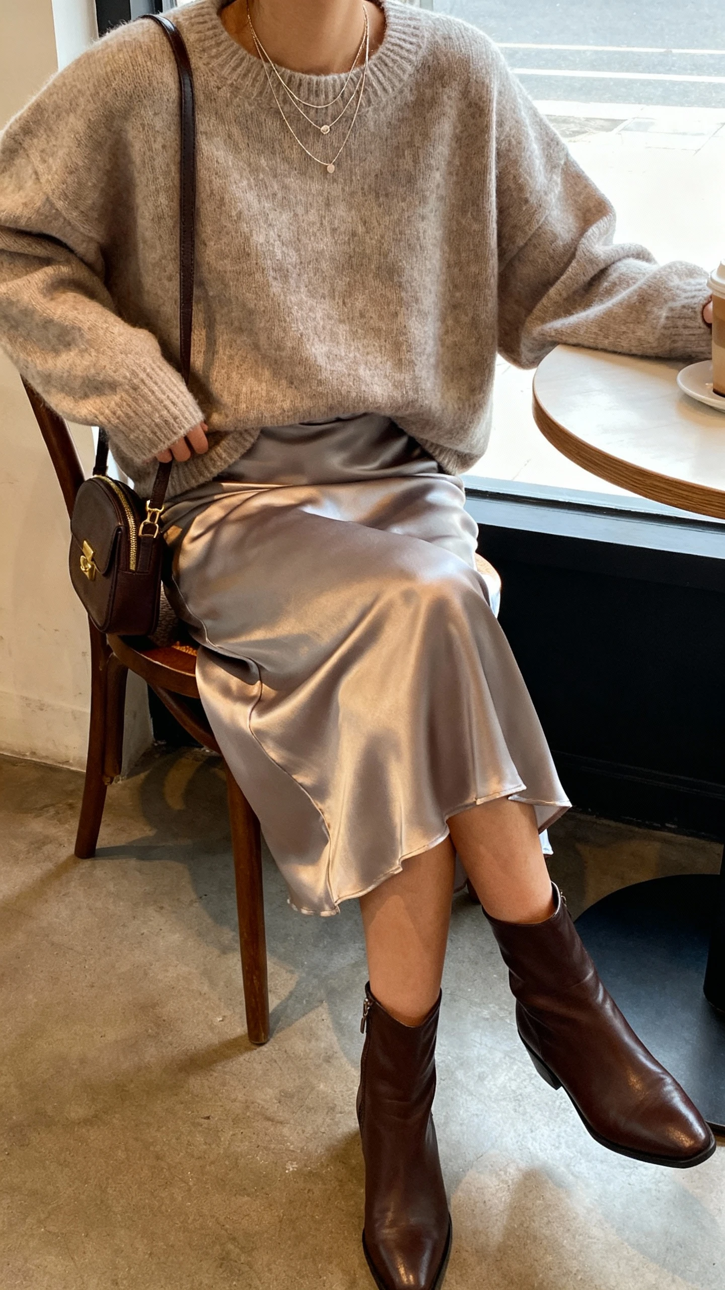 iPhone cafe table selfie cropped at shoulders showing a woman wearing an oversized soft sweater half-tucked into a satin midi slip skirt, ankle boots, delicate layered necklaces, and a small shoulder bag on the chair, face not visible, cozy coffee shop window light, natural iPhone aesthetic.