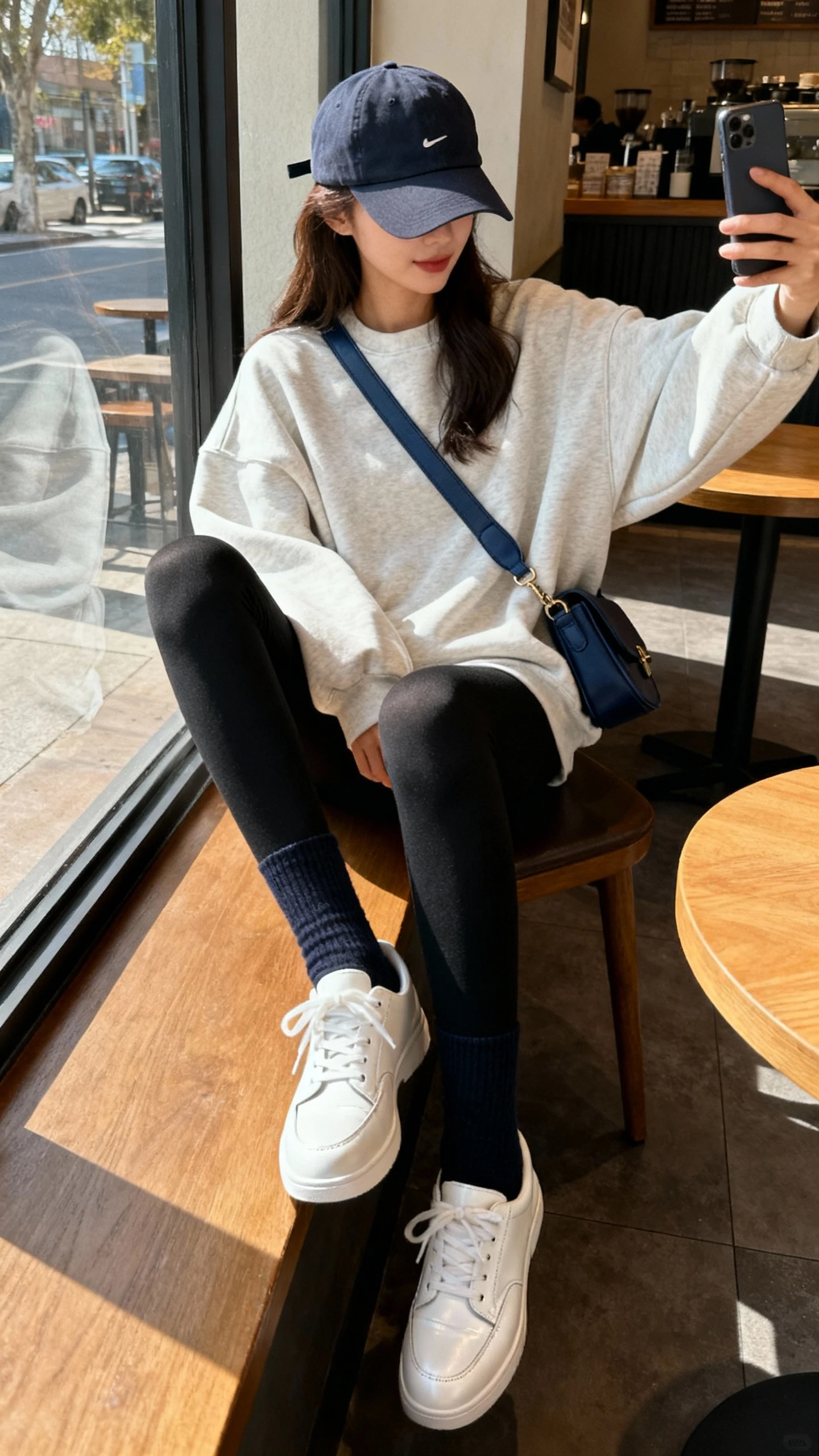 iPhone cafe table selfie cropped at shoulders showing a woman in white leather sneakers with black leggings, oversized sweatshirt, baseball cap, crossbody bag, matching dark socks; face not visible, seated by window, morning light, natural iPhone aesthetic.