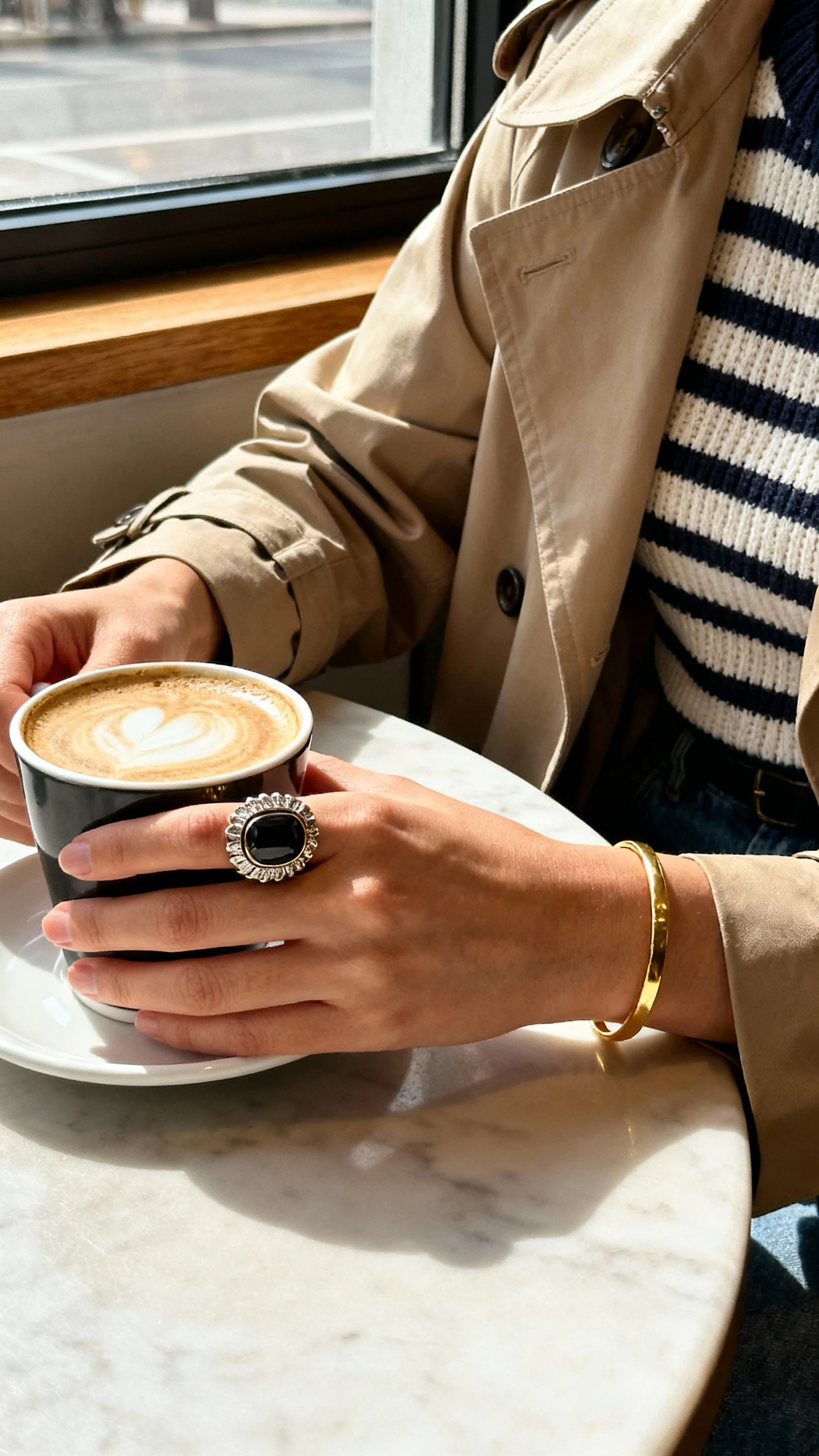 iPhone cafe table selfie of a woman’s hand holding a coffee cup showing a bold chunky statement ring, paired with a trench coat sleeve, striped knit top, and slim gold bangle, face not visible, morning light by cafe window, natural iPhone photo quality