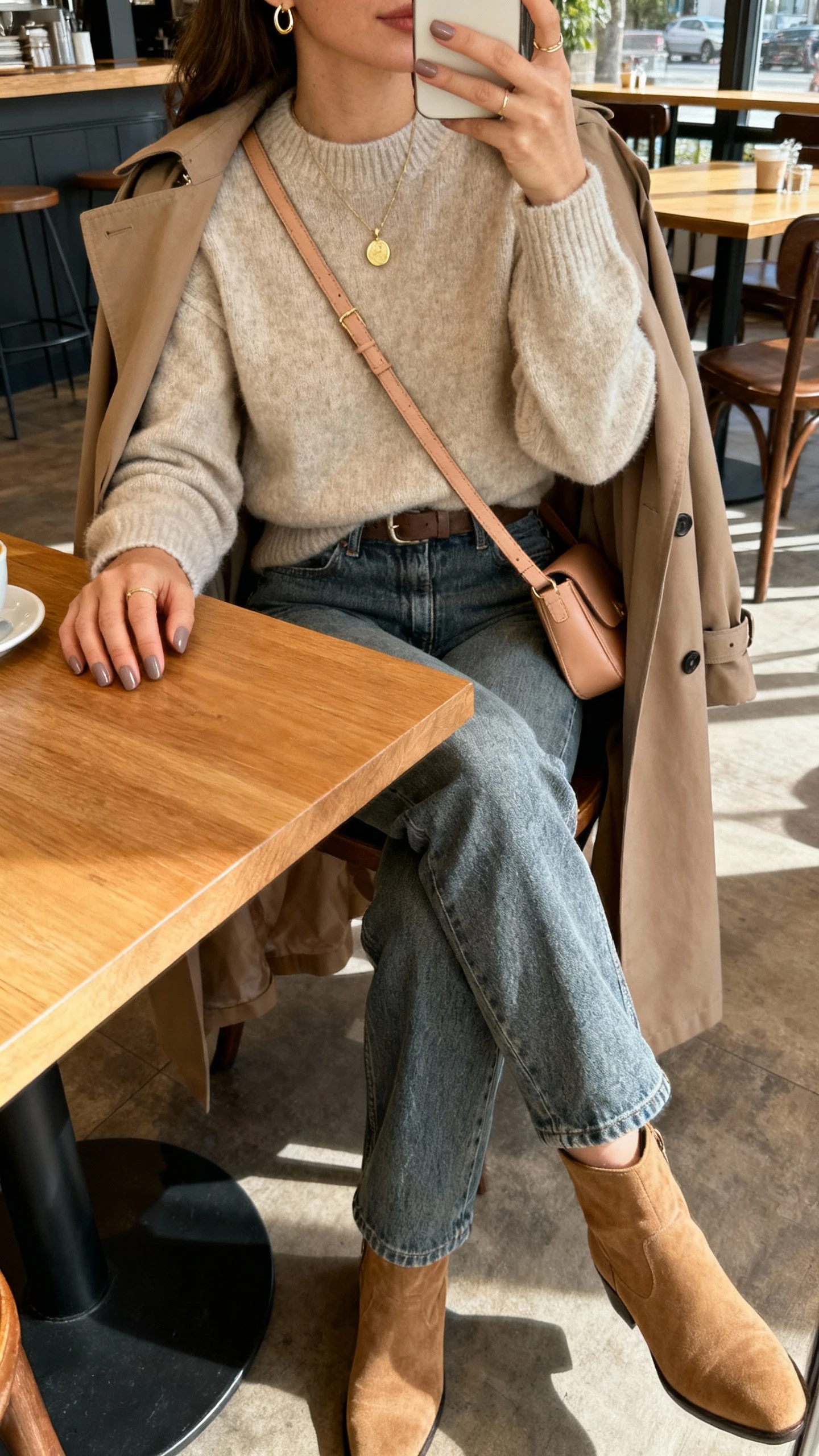 iPhone cafe table selfie, side angle showing a woman in weekend luxe layers: oatmeal cashmere sweater half-tucked into medium-wash straight-leg jeans, tan ankle boots, taupe trench draped over shoulders, simple gold pendant and small hoops, taupe manicure, carrying a soft leather crossbody; face not visible, warm indoor daylight, casual iPhone photo.