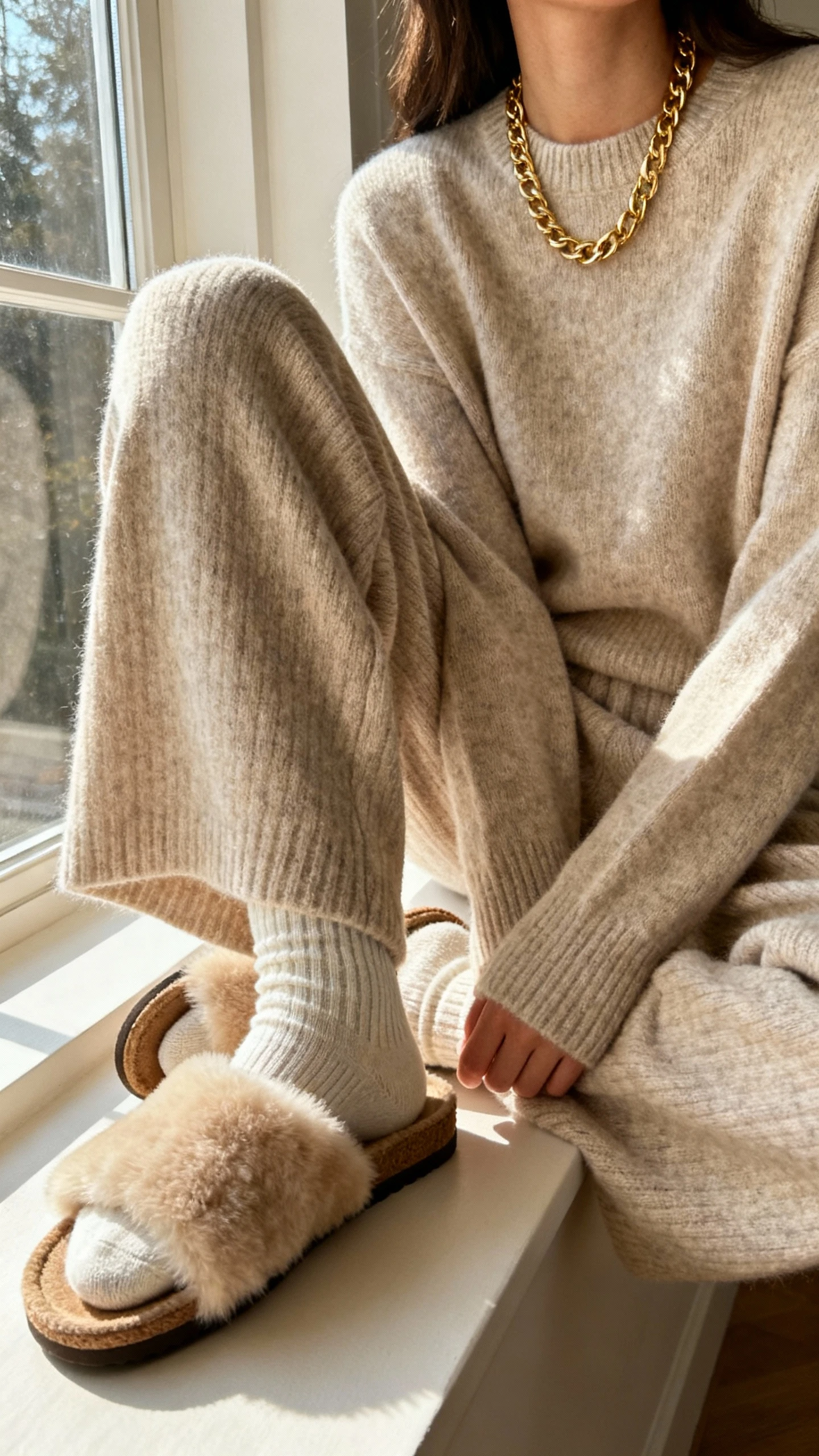 iPhone couch selfie cropped at shoulders showing a woman in a matching knit set (crewneck sweater and knit wide-leg pants), shearling slides, layered gold chains, cozy socks, face not visible, soft morning window light, natural iPhone photo.