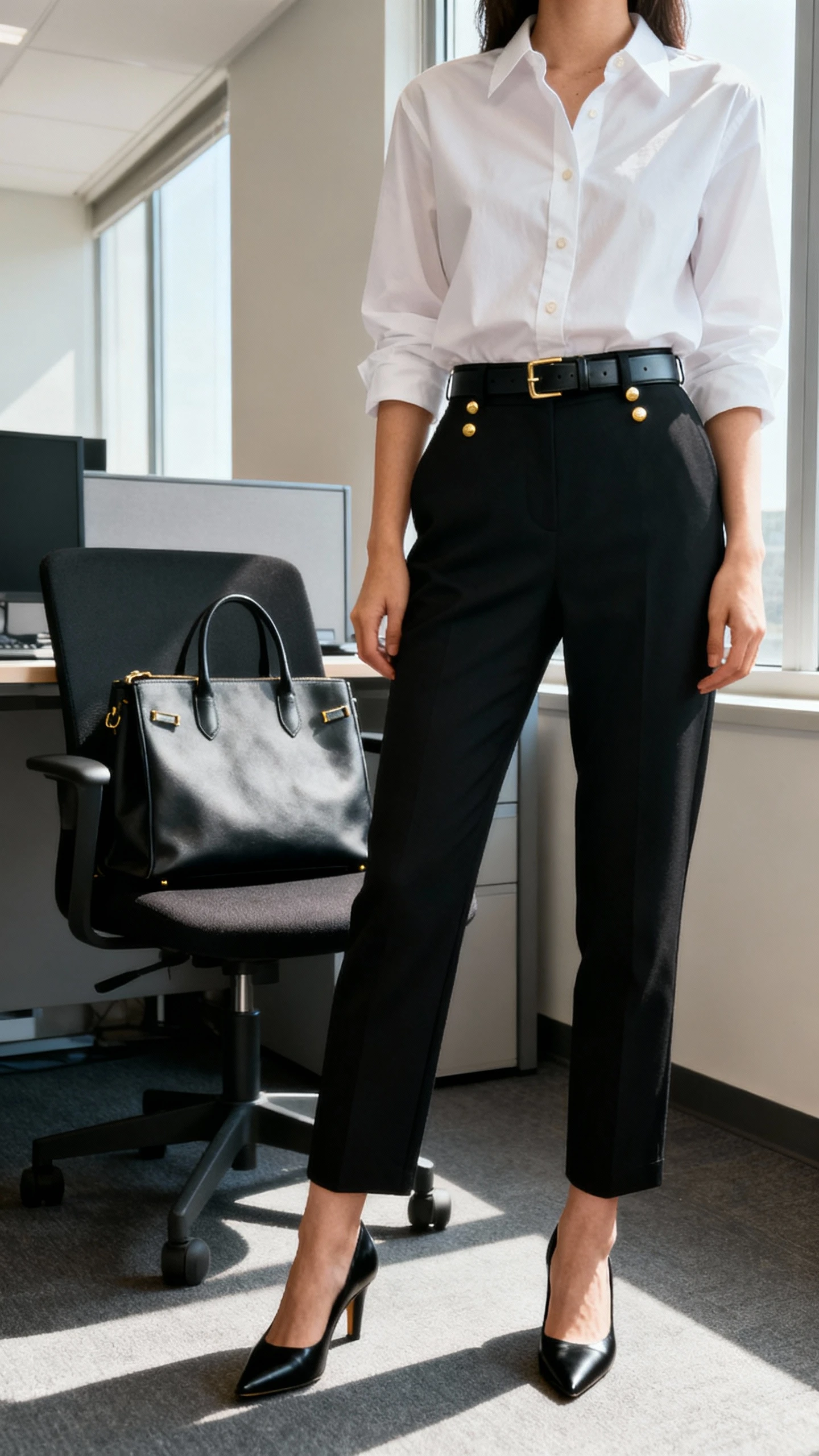iPhone desk selfie cropped at shoulders showing a woman wearing a crisp white button-down tucked into tailored black trousers, sleek belt, minimalist gold studs, black pumps, structured tote on chair, face not visible, office setting with morning window light, natural iPhone aesthetic.