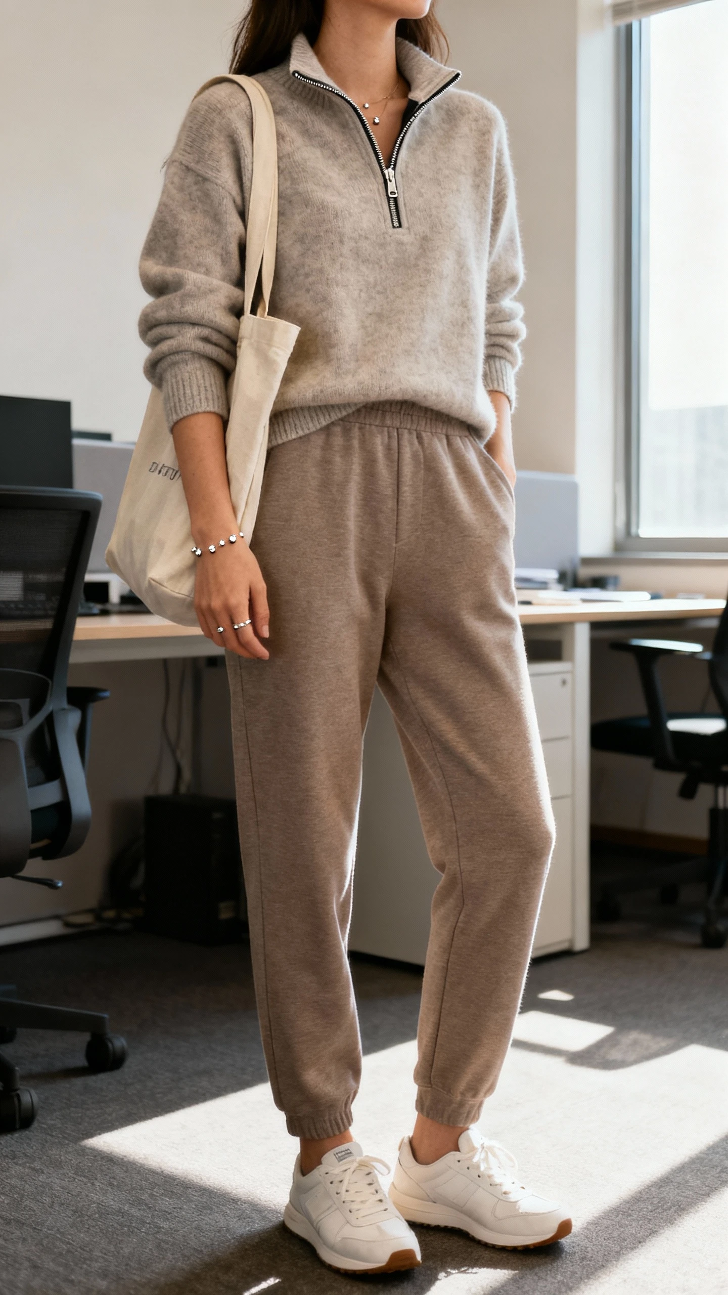 iPhone desk-side selfie of a woman wearing a half-zip sweater partially zipped with tailored joggers, clean trainers, dainty studs, canvas tote, face not visible, cropped at neck, office setting with morning window light, natural iPhone photo quality.