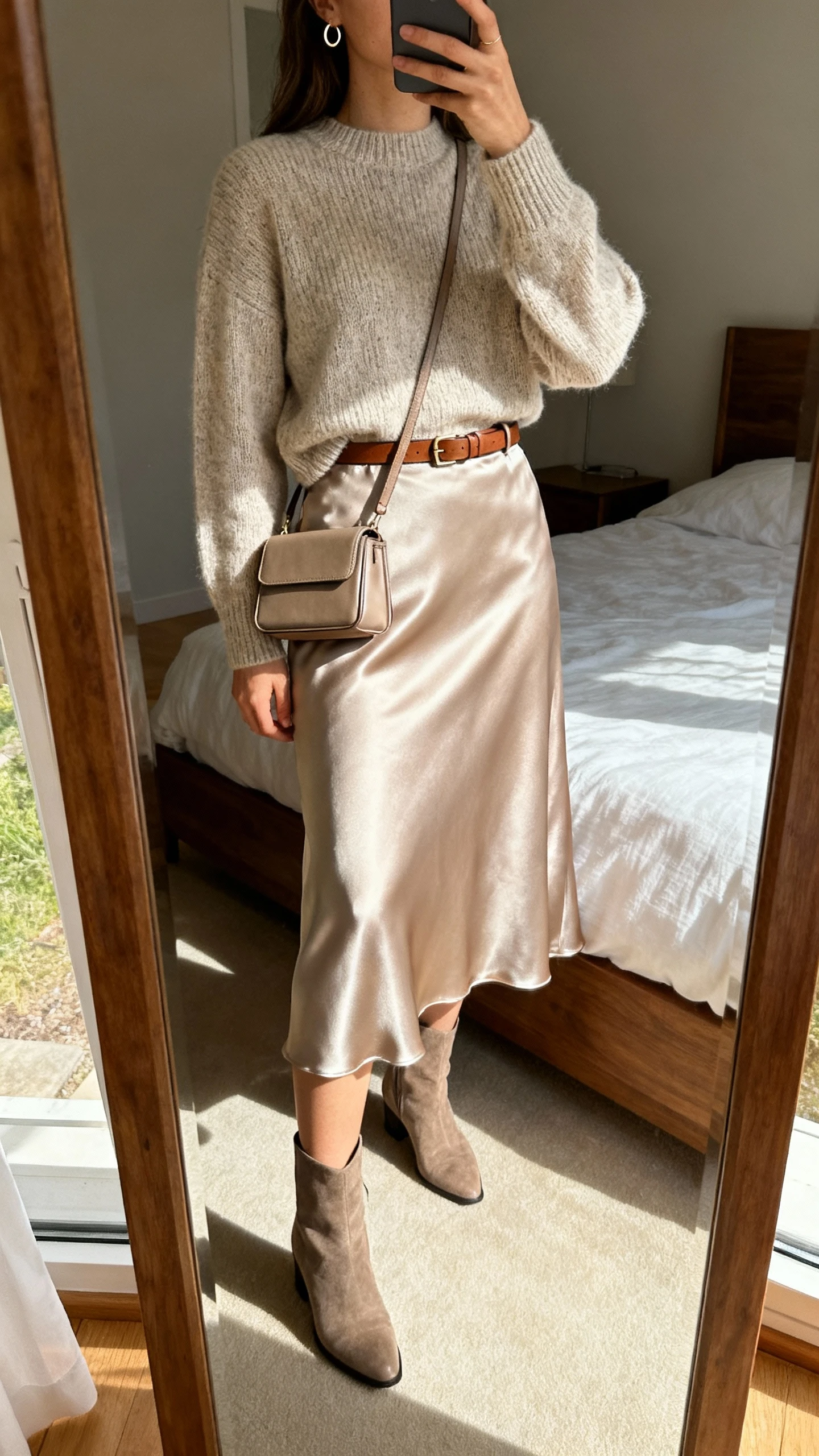 iPhone full-length mirror selfie of a woman wearing a midi satin skirt with a fine-knit sweater tucked in, ankle boots, slim leather belt, structured mini bag, small hoop earrings; bedroom mirror, face not visible, natural afternoon light, iPhone photo quality.