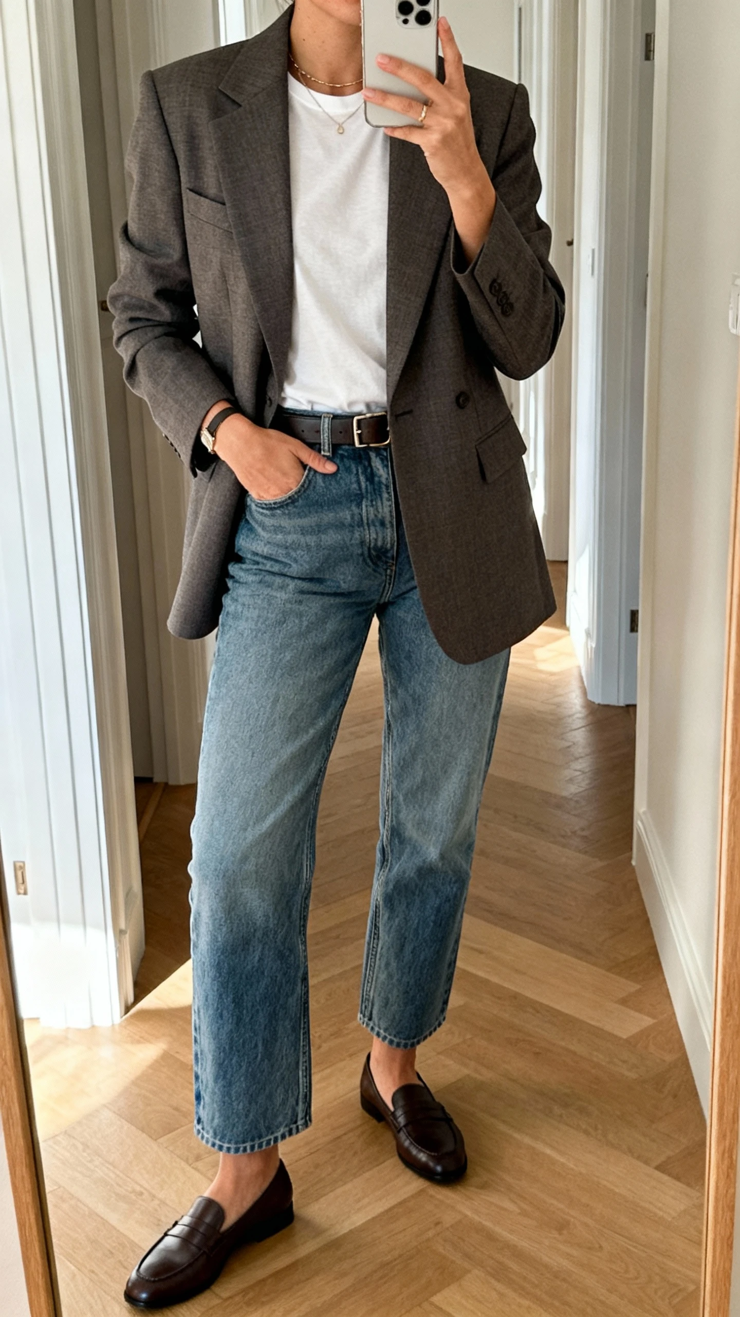 iPhone hallway mirror selfie of a woman wearing a menswear-inspired tailored blazer over classic denim, simple tee, loafers, slim belt, minimal jewelry, face not visible, morning light, natural iPhone photo quality