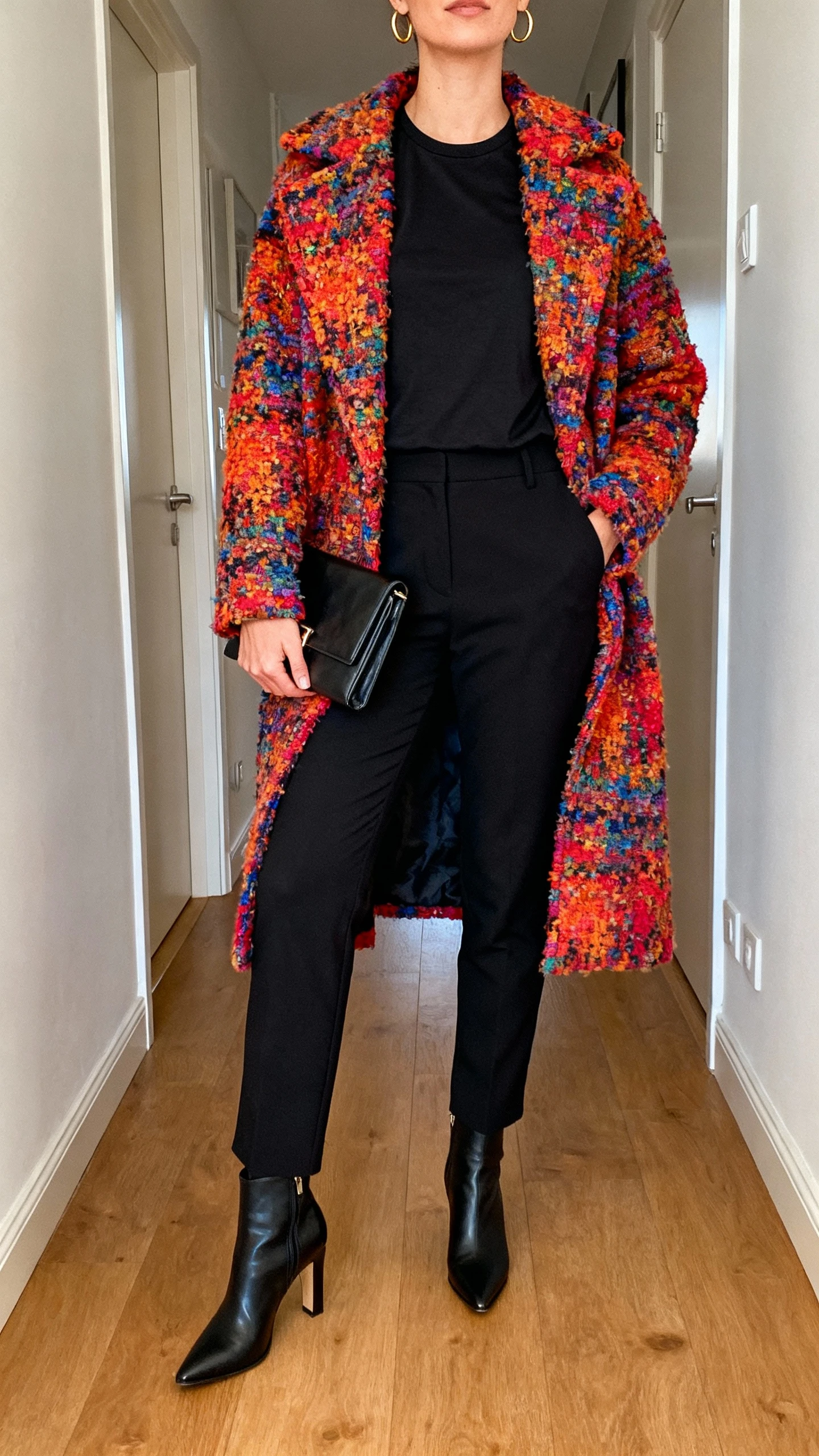 iPhone hallway mirror selfie of a woman wearing a statement coat over a minimal base: bold textured or colorful coat, simple black fitted tee, tailored black trousers, heeled ankle boots, sleek clutch, minimalist gold hoops, face not visible, cropped at neck, apartment hallway with warm indoor lighting, natural iPhone photo