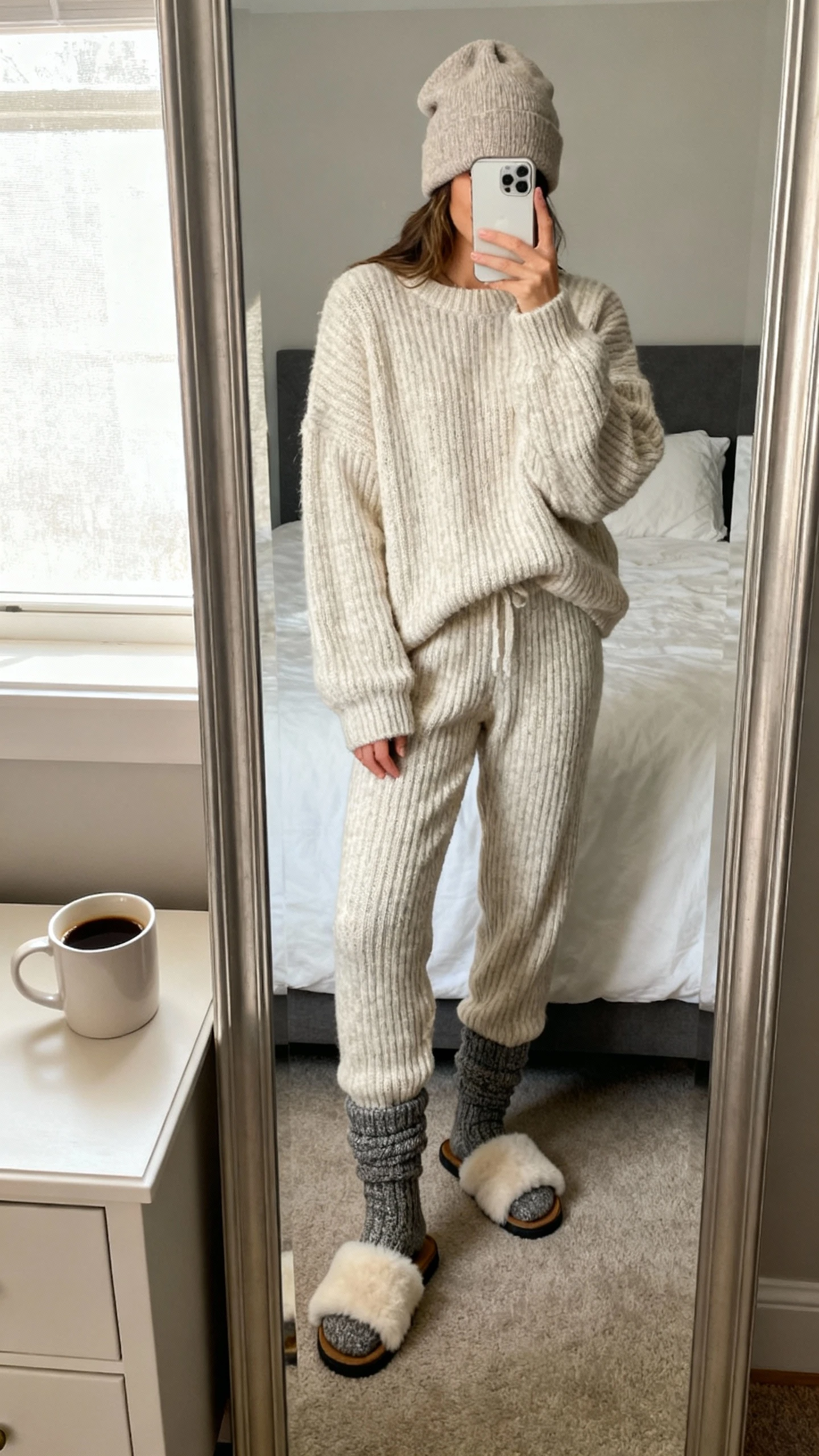 iPhone mirror selfie of a woman in a cozy matching cabin-core knit set (chunky ribbed sweater and knit pants) with thick socks, shearling slides, and a slouchy beanie, face not visible, cropped at neck, bedroom mirror with a mug of coffee on nightstand, soft window light, natural iPhone photo quality.