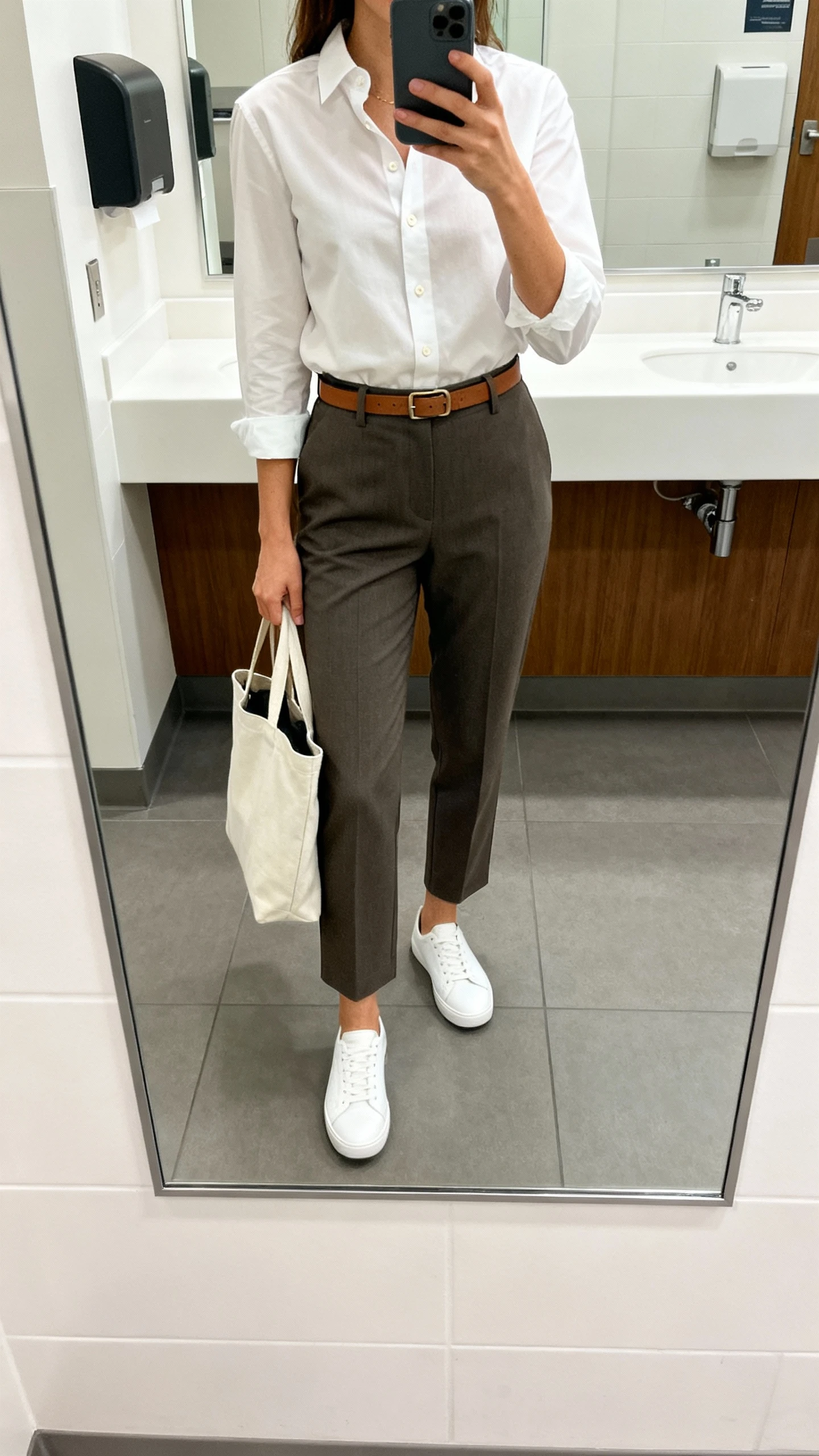 iPhone mirror selfie of a woman in a crisp button-down tucked into tailored trousers with minimal white sneakers, slim leather belt and tote bag, face not visible, office restroom mirror, bright indoor lighting, natural iPhone photo quality.