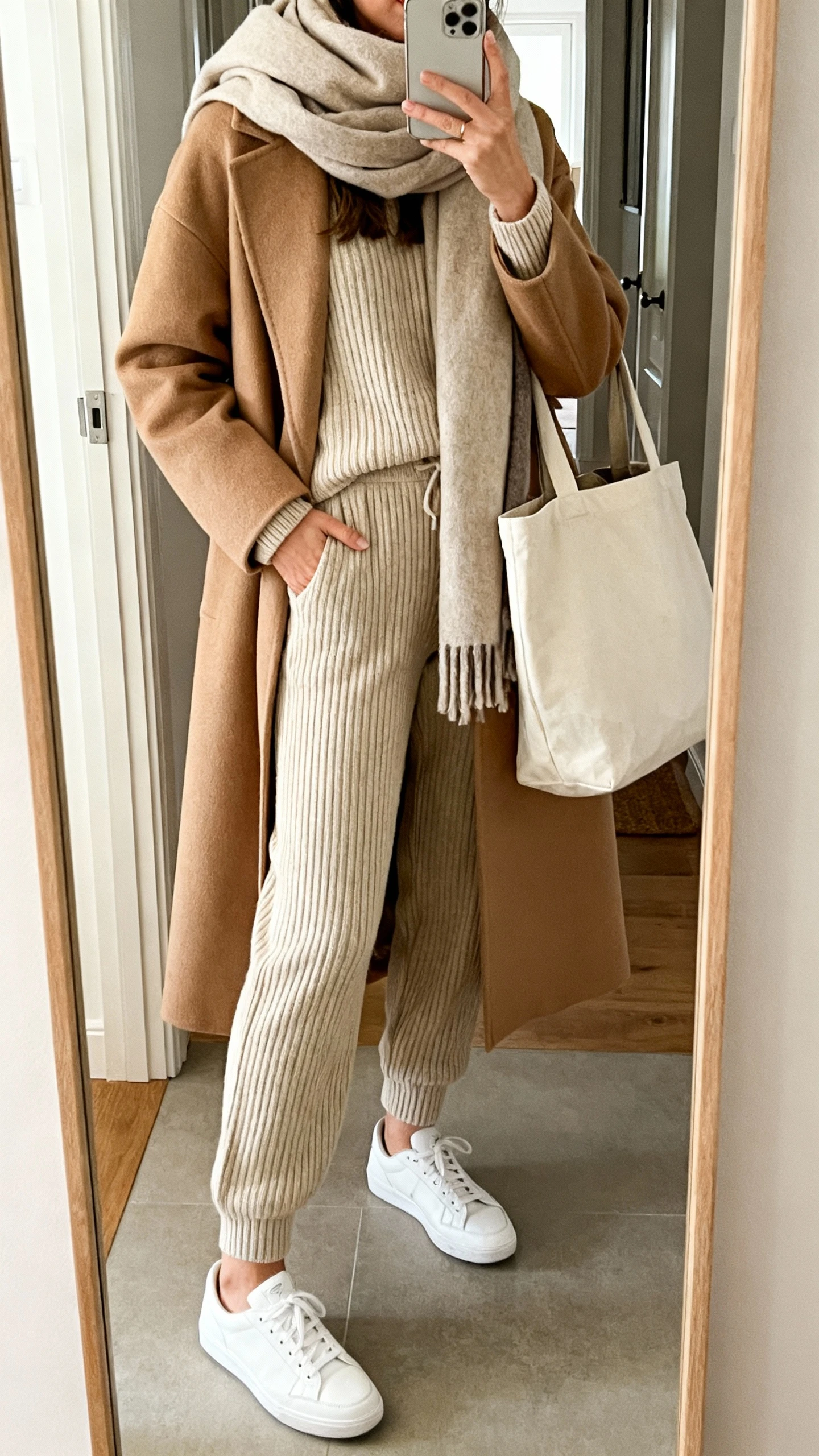 iPhone mirror selfie of a woman in a luxe knit set (ribbed sweater and matching knit pants) layered under a long camel coat, with white sneakers, oversized scarf, tote bag; entryway mirror, face not visible, soft morning light, natural iPhone quality.