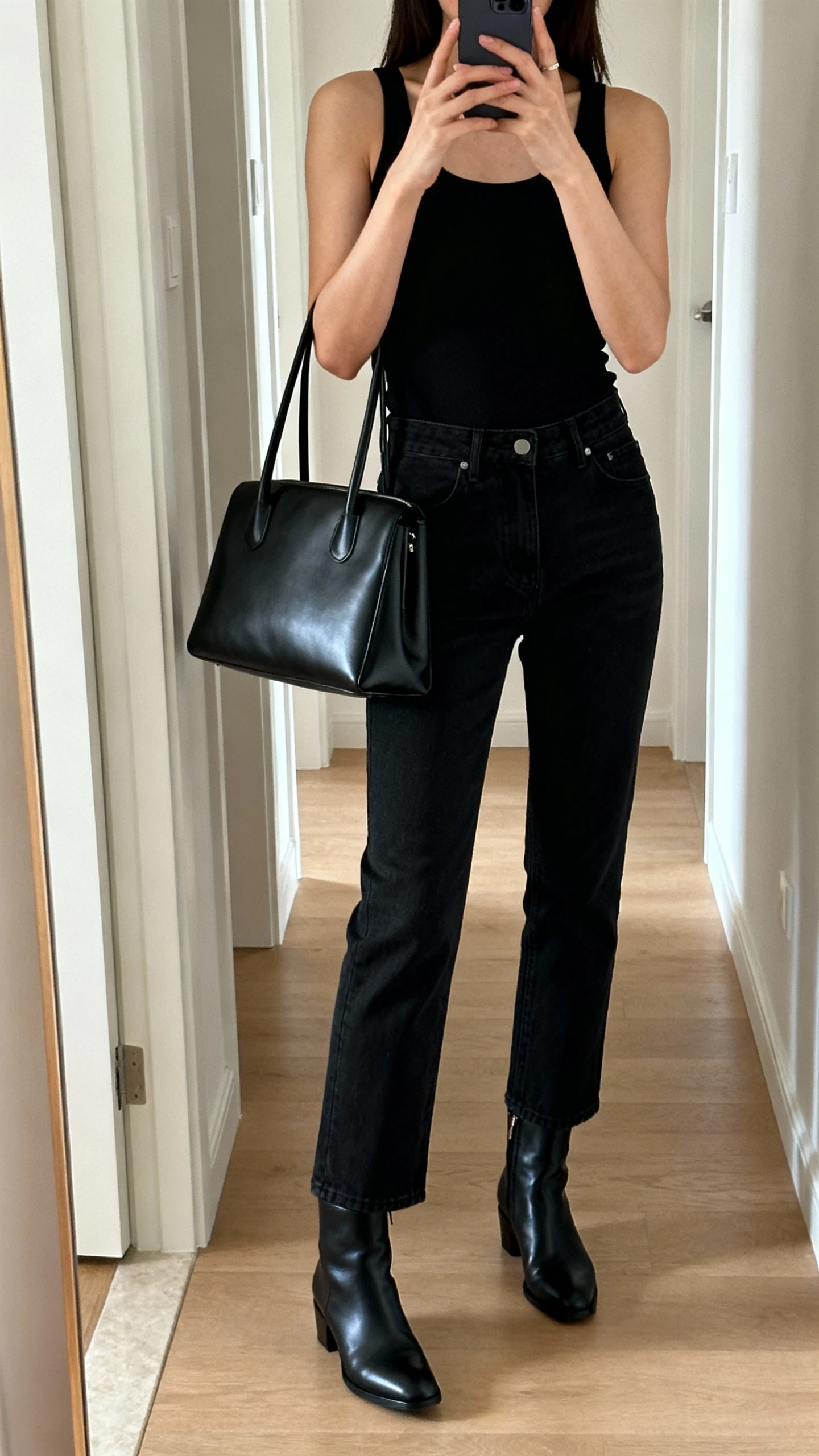 iPhone mirror selfie of a woman in a monochrome black outfit: fitted tank, straight-leg black jeans, black ankle boots, and a sleek black tote, face not visible, cropped at shoulders, hallway mirror with natural daylight, casual iPhone photo.