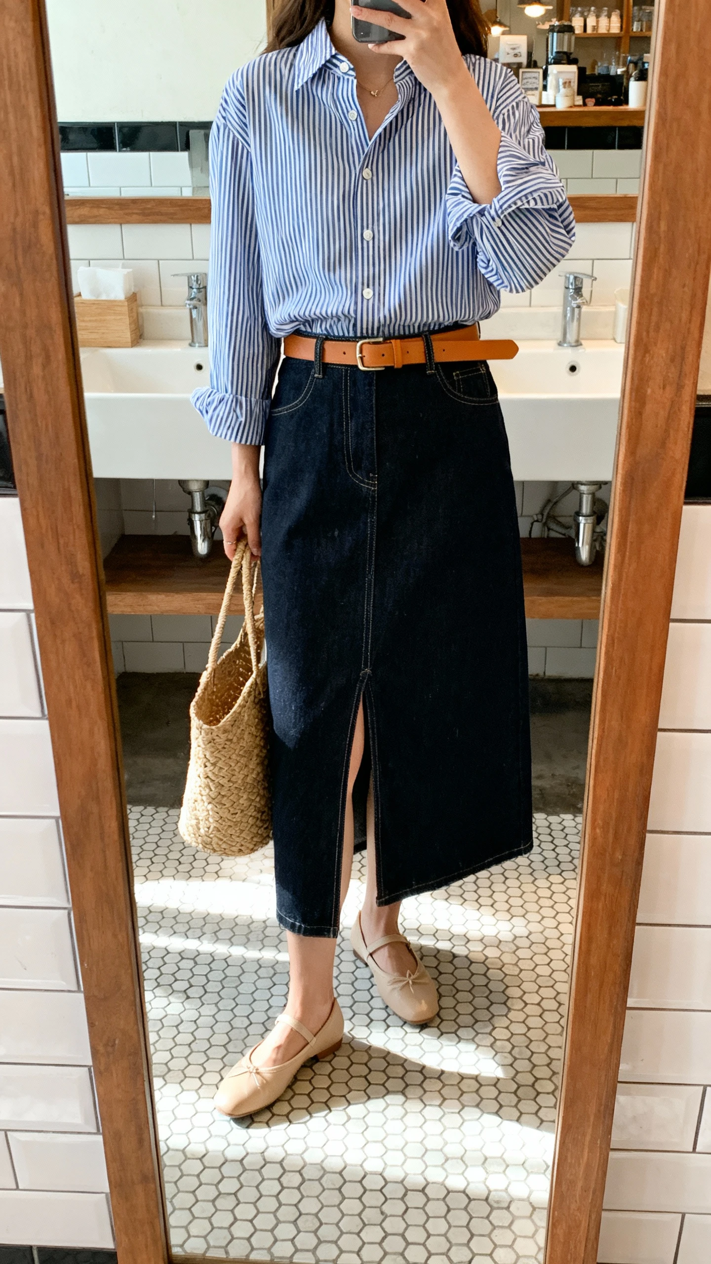 iPhone mirror selfie of a woman in an easy denim skirt + button-up: crisp blue-and-white striped button-up half-tucked into a dark denim midi skirt with front slit, tan belt, ballet flats, woven tote, face not visible, bathroom mirror at a cafe with bright indoor light, natural iPhone photo quality.