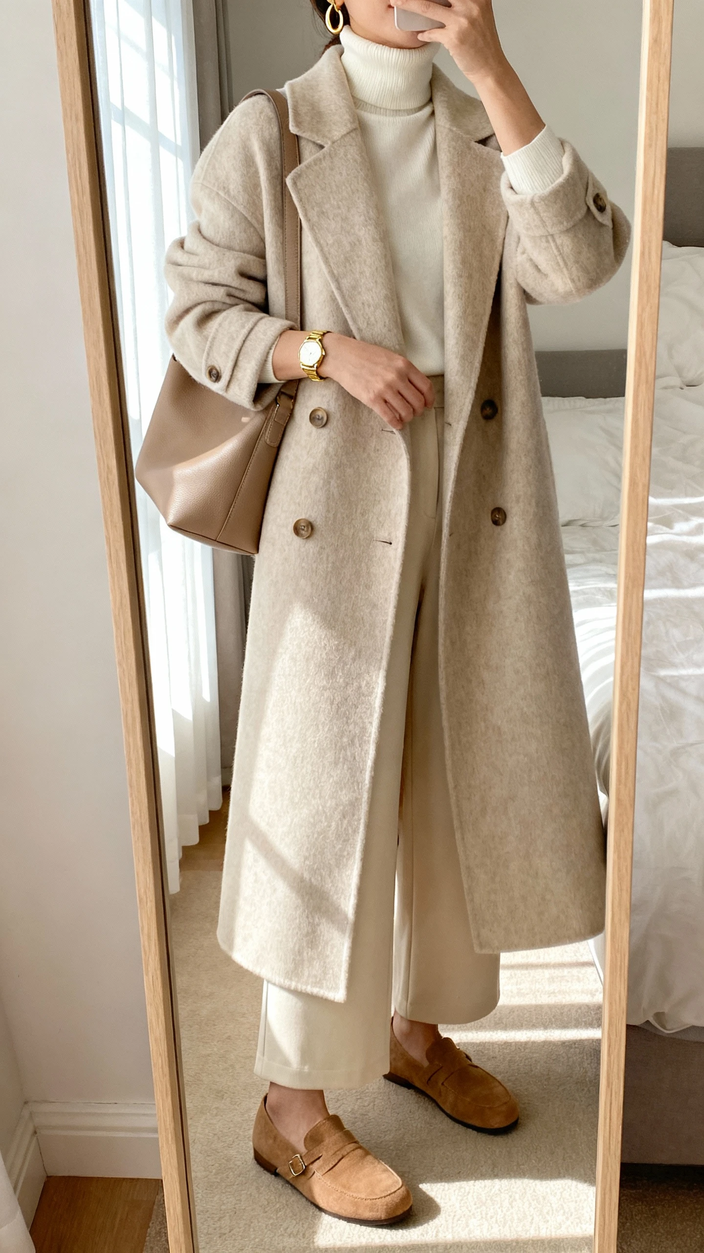 iPhone mirror selfie of a woman in soft monochrome layers: cream turtleneck, oatmeal longline wool coat, light beige wide-leg trousers, tan suede loafers, delicate gold hoops and a slim gold watch, taupe leather shoulder bag; face not visible, cropped at neck, bedroom mirror with morning window light, natural iPhone photo quality.