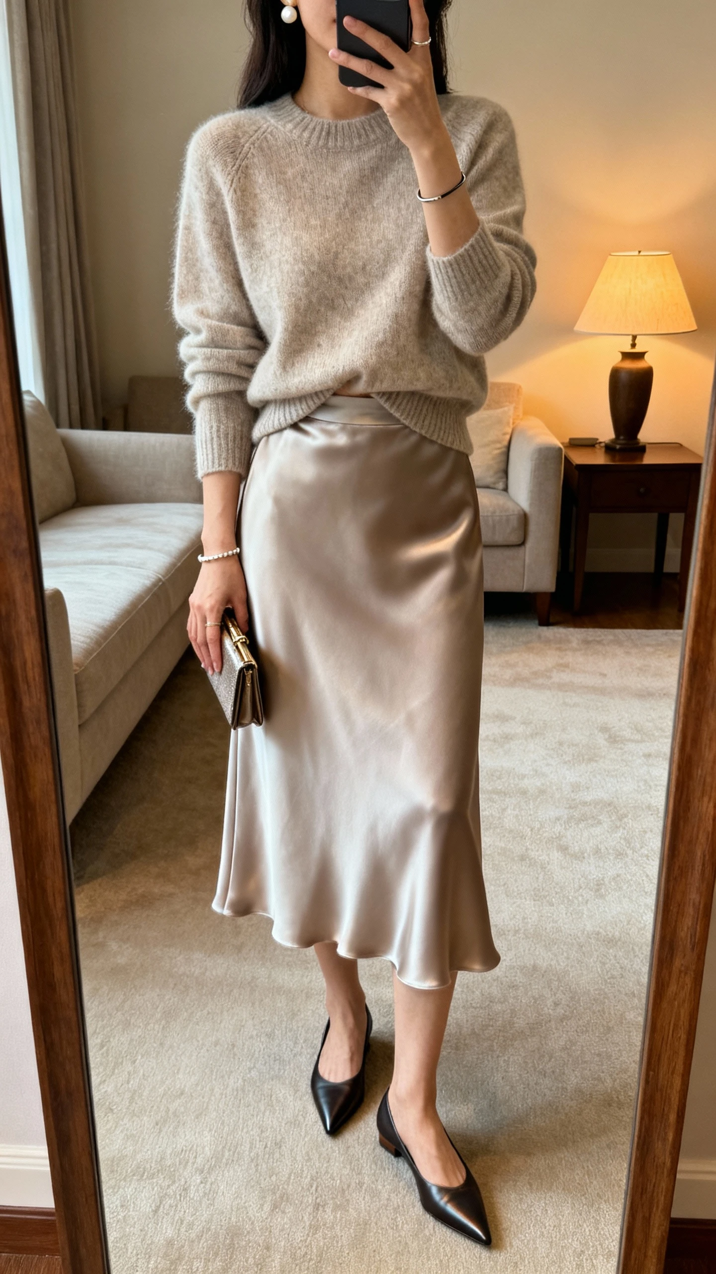 iPhone mirror selfie of a woman wearing a cashmere-blend sweater half-tucked into a silk-feel midi skirt, pointed flats, pearl studs, slim bracelet, small clutch, face not visible, living room mirror with warm lamp light, casual iPhone photo.