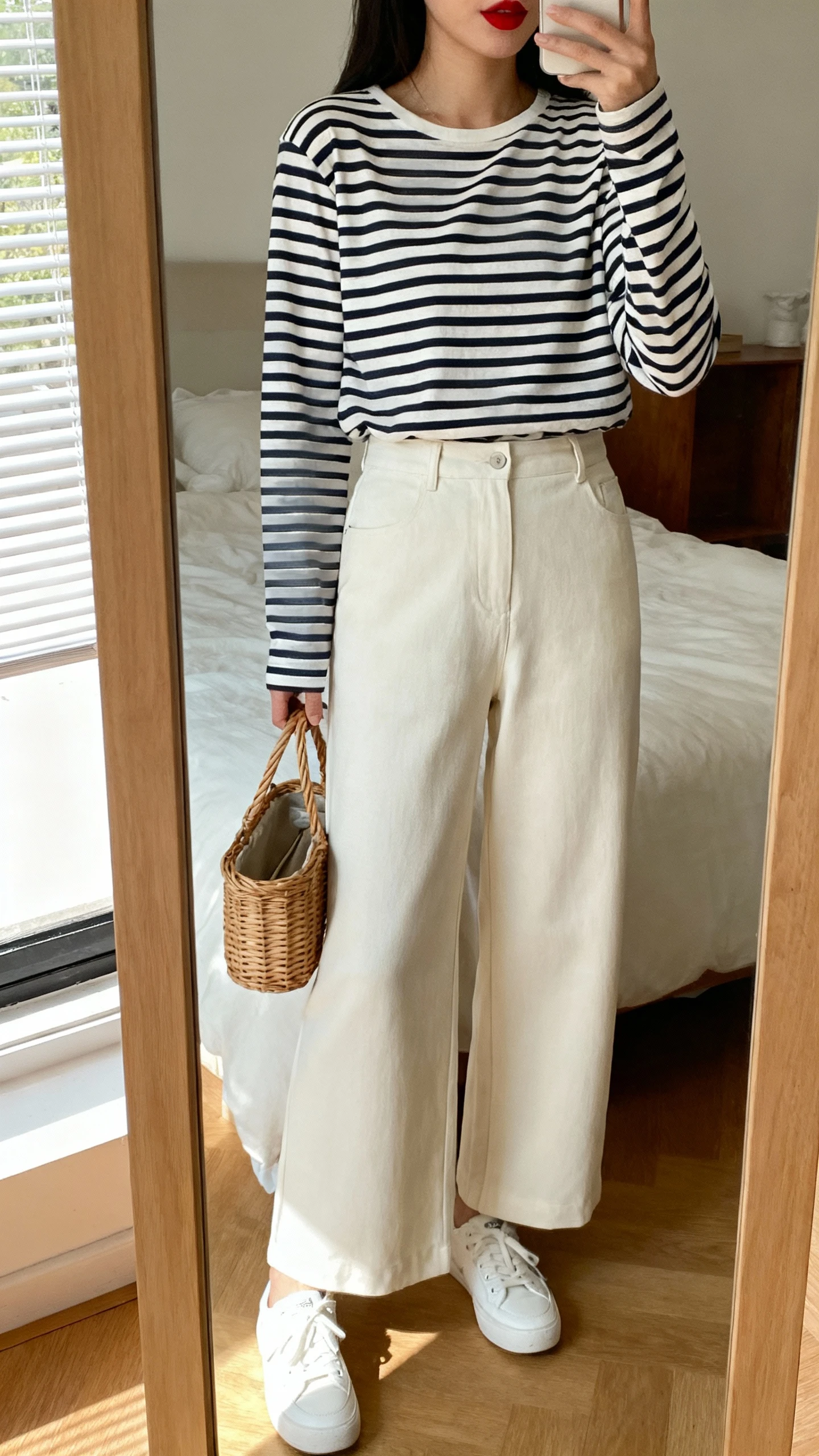 iPhone mirror selfie of a woman wearing a classic Breton striped long-sleeve top with high-waisted wide-leg trousers, white sneakers, red lip shown only on lower half, small basket bag, face not visible, bedroom mirror with daylight, natural iPhone photo quality.