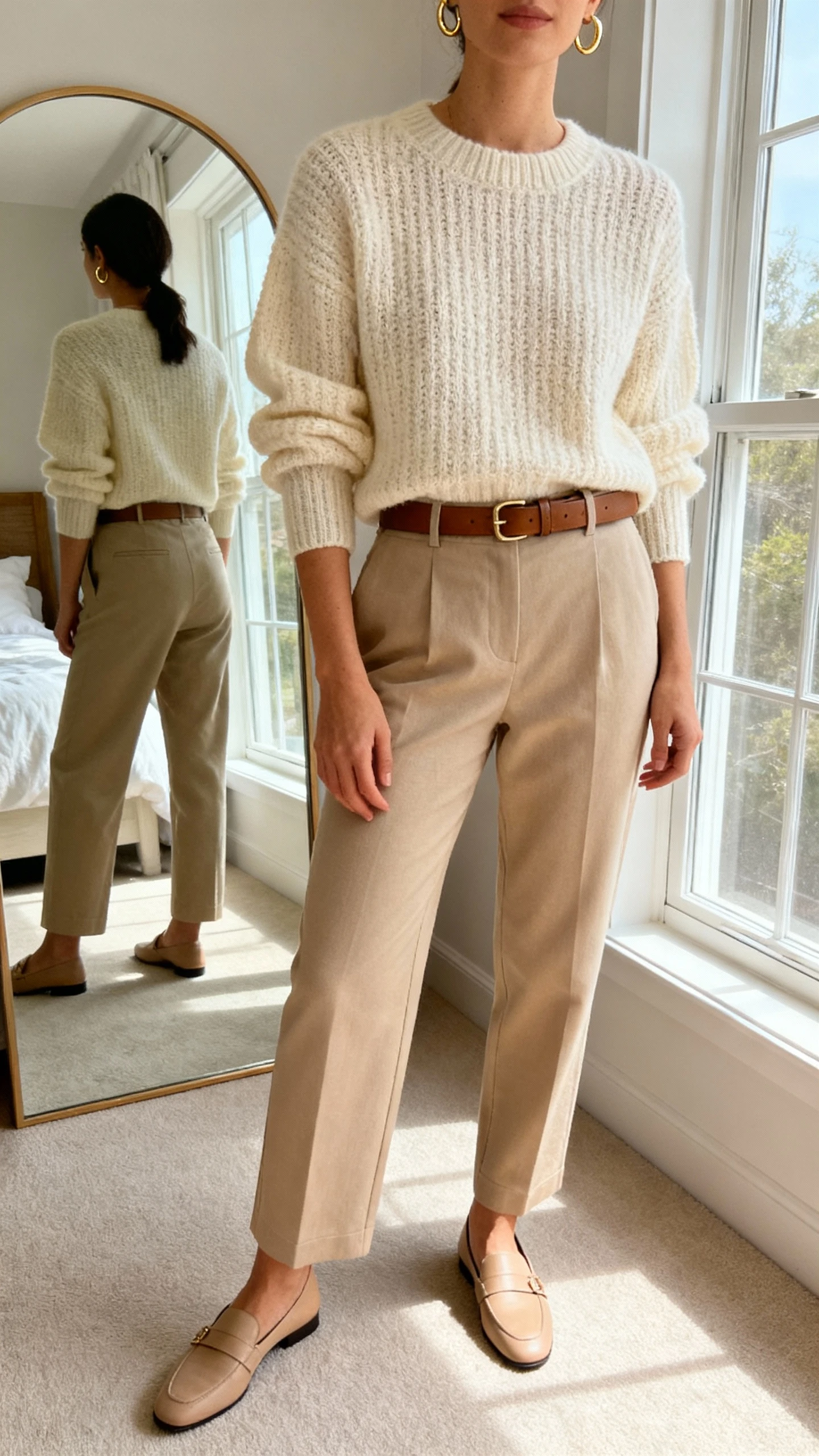 iPhone mirror selfie of a woman wearing a creamy knit sweater, tailored beige trousers, minimalist leather belt, loafers, and delicate gold hoops, face not visible, cropped at neck, bedroom mirror with soft window light, natural iPhone photo quality.