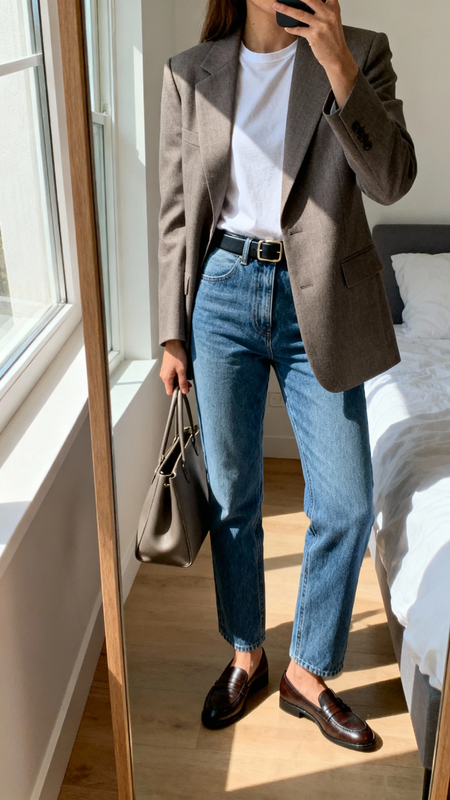 iPhone mirror selfie of a woman wearing a crisp tailored blazer over a simple tee, straight-leg blue jeans, classic loafers, a slim belt, and a structured tote, face not visible, cropped at neck, bedroom mirror with natural window light, natural iPhone photo quality.