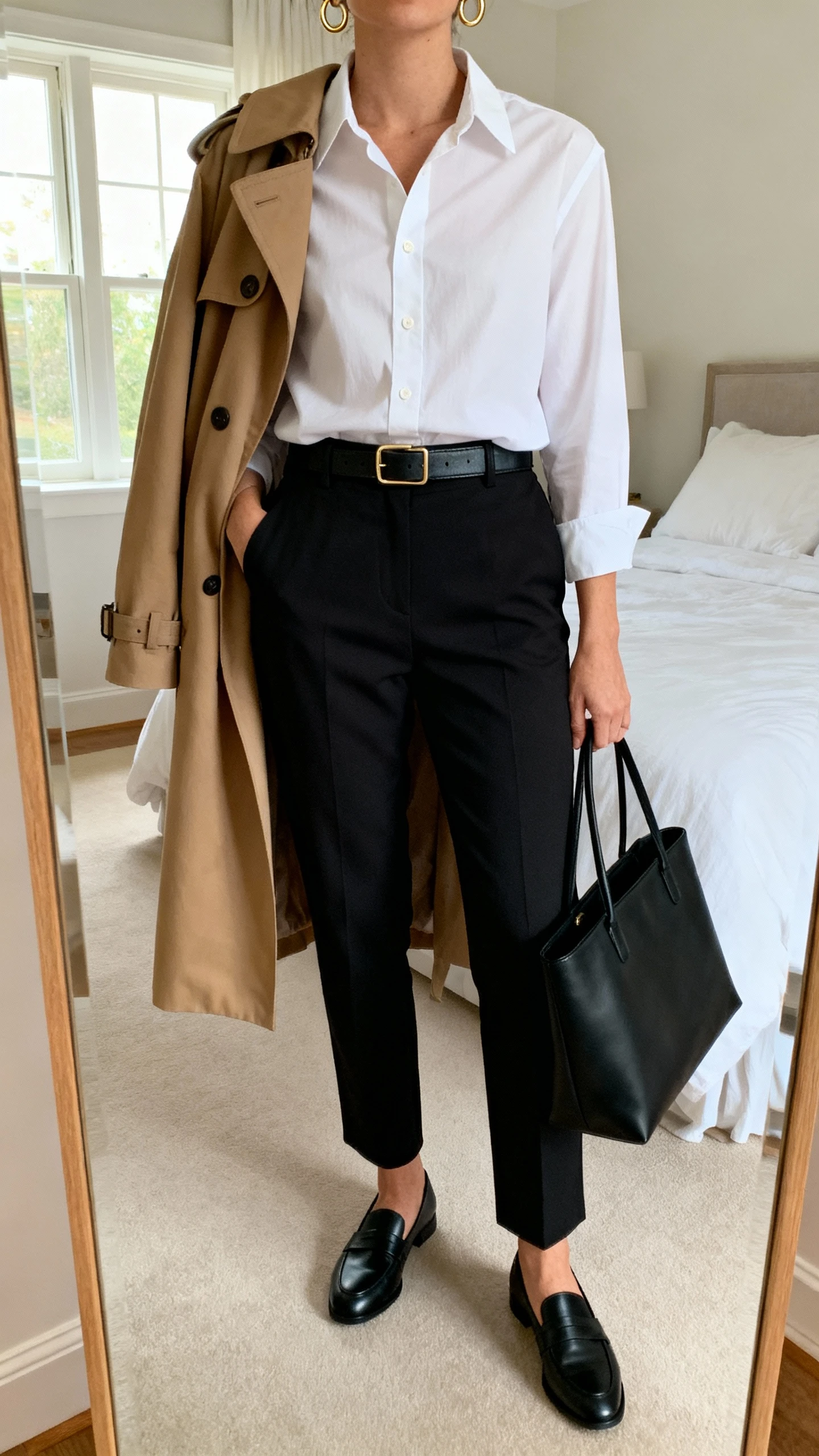 iPhone mirror selfie of a woman wearing a crisp white button-down tucked into tailored black trousers, sleek black loafers, a camel trench coat draped over shoulders, slim leather belt, minimalist gold hoop earrings and a structured black tote, face not visible, cropped at neck, bedroom full-length mirror, soft morning window light, natural iPhone photo quality.