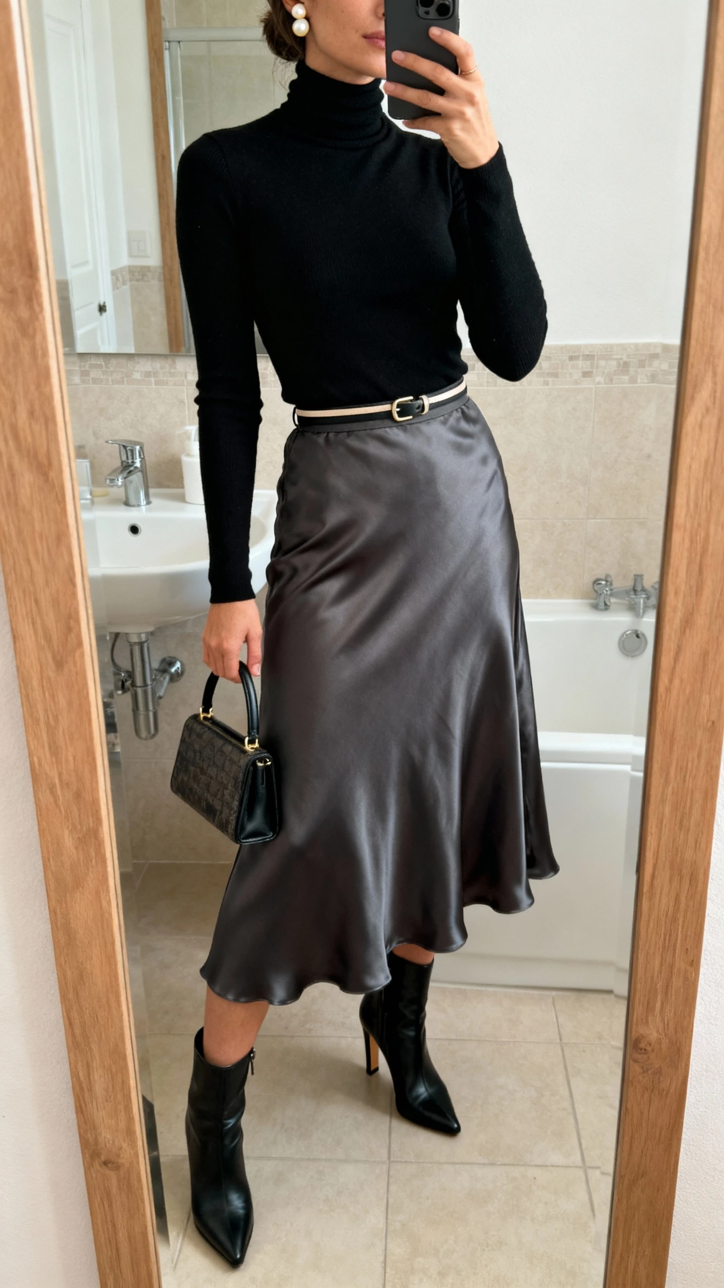 iPhone mirror selfie of a woman wearing a fitted black turtleneck with a flowy midi skirt (charcoal satin), heeled ankle boots, thin waist belt, pearl studs, small top-handle bag, face not visible, bathroom mirror, soft indoor light, casual iPhone photo.