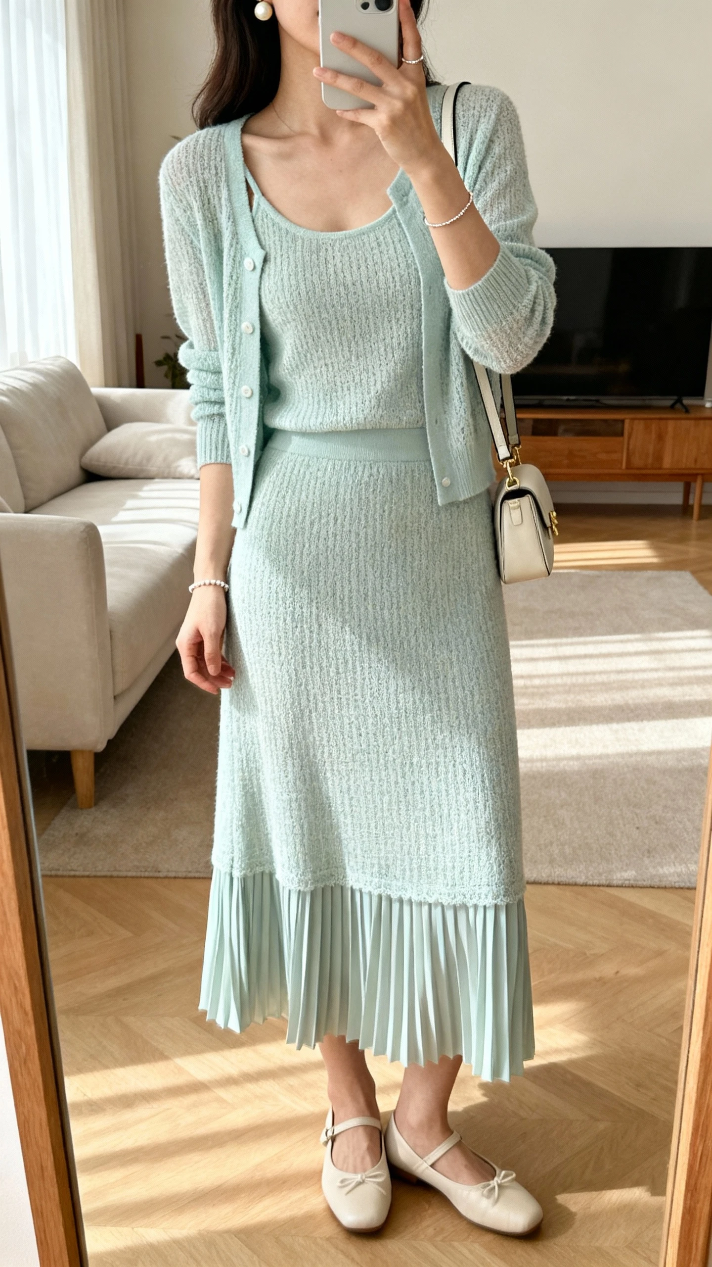 iPhone mirror selfie of a woman wearing a pastel fine-knit cardigan set (tank + cardigan) with a pleated midi skirt, ballet flats, small shoulder bag, pearl studs and a delicate bracelet; living room mirror, soft morning light, face not visible, cropped at neck, natural iPhone photo quality.