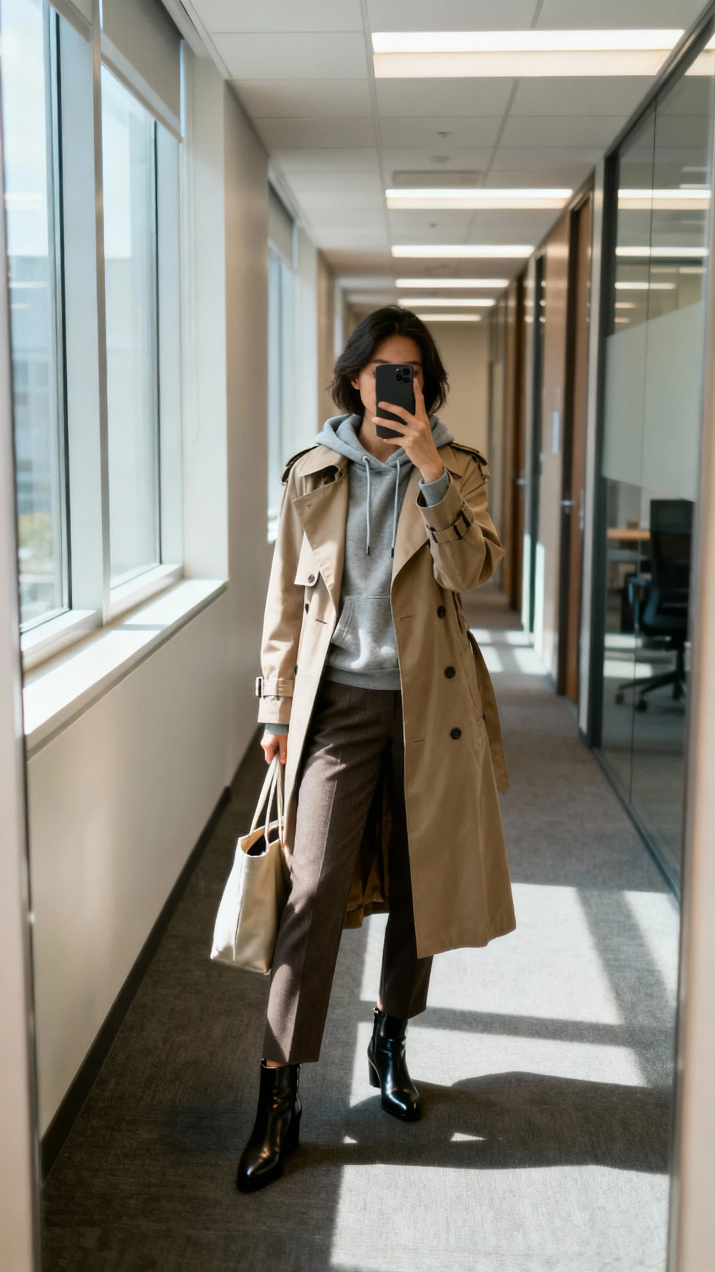 iPhone office hallway mirror selfie of a woman in a trench coat layered over a hoodie with tailored pants, sleek ankle boots, tote bag, face not visible, fluorescent + window mix lighting, natural iPhone aesthetic.